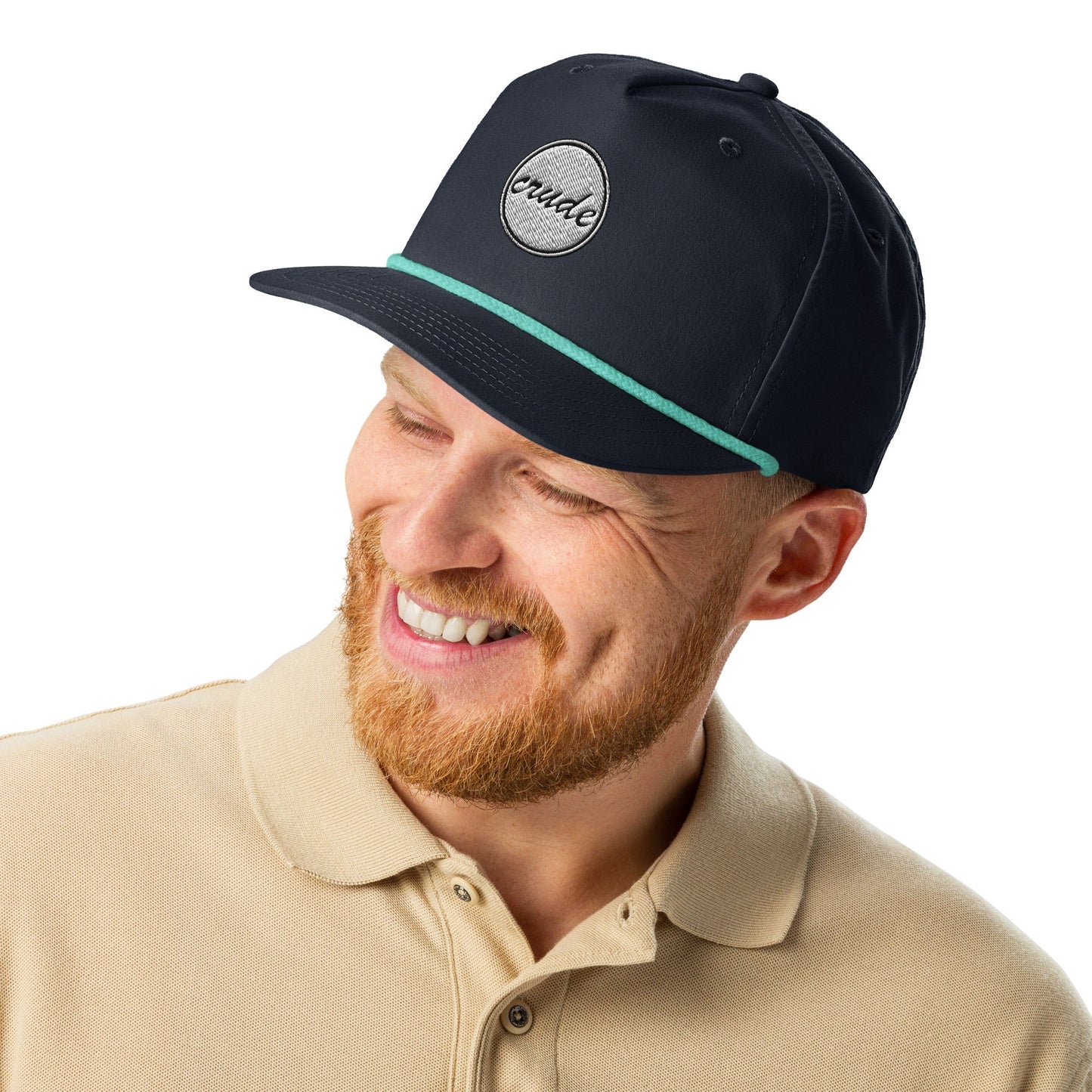 Navy Blue & Teal 5-panel Course Correction Rope Golf Hat with semi-curved bill and snapback closure; crude oil golf hat worn by smiling man