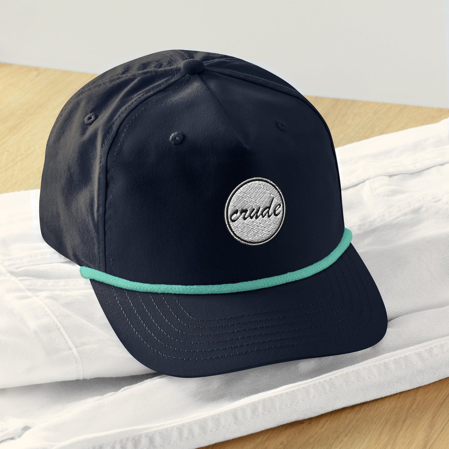 Navy Blue & Teal 5-panel Course Correction Rope Golf Hat with semi-curved bill and snapback closure; crude oil rope golf hat