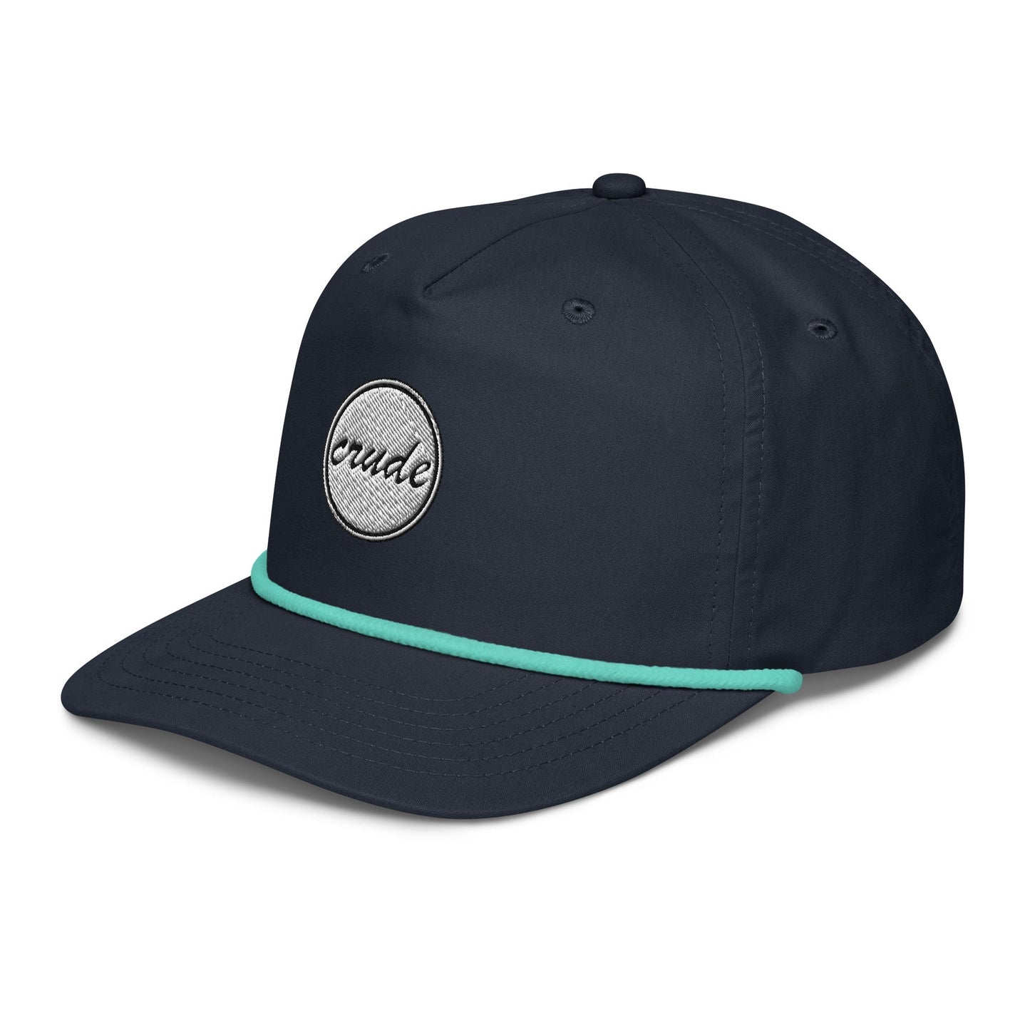 Navy Blue & Teal 5-panel Course Correction Rope Golf Hat with semi-curved bill and snapback closure; crude oil golf hat