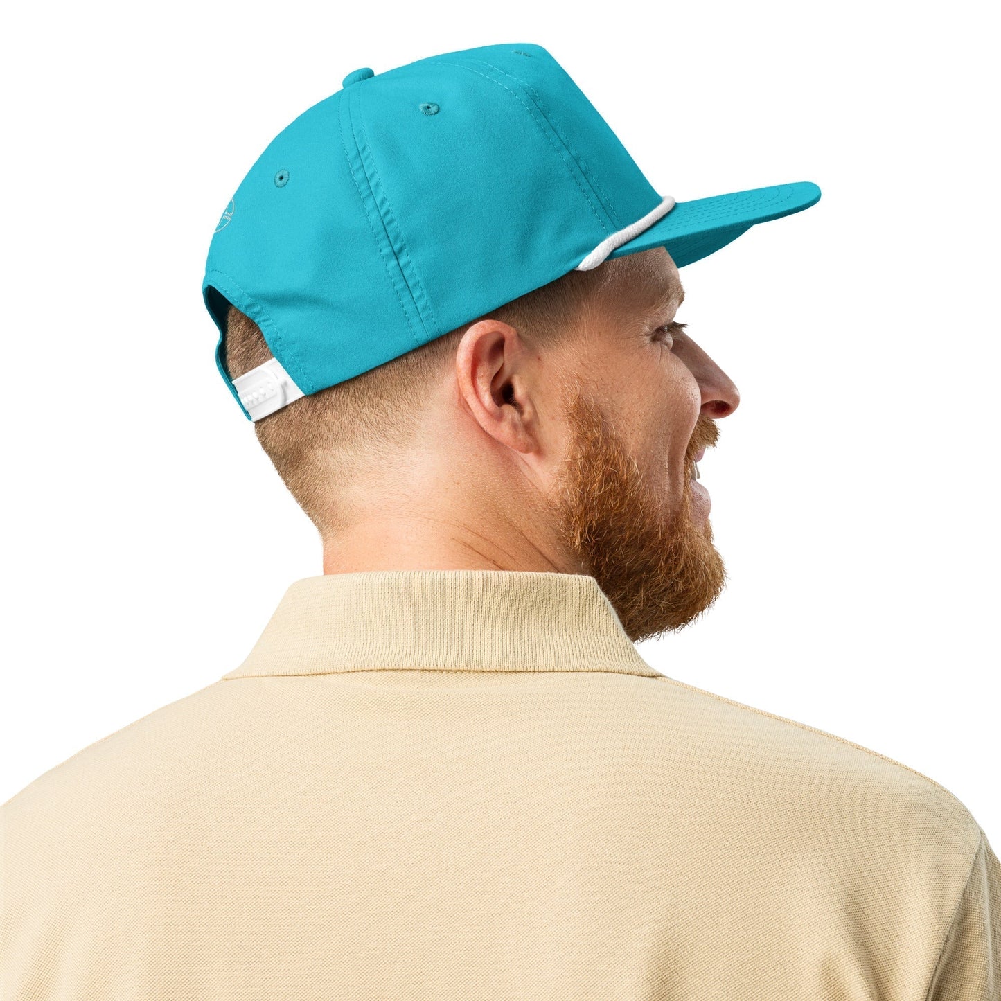 Turquoise Light Blue & White 5-panel Course Correction Rope Golf Hat with semi-curved bill and snapback closure; crude oil golf hat worn by a smiling man