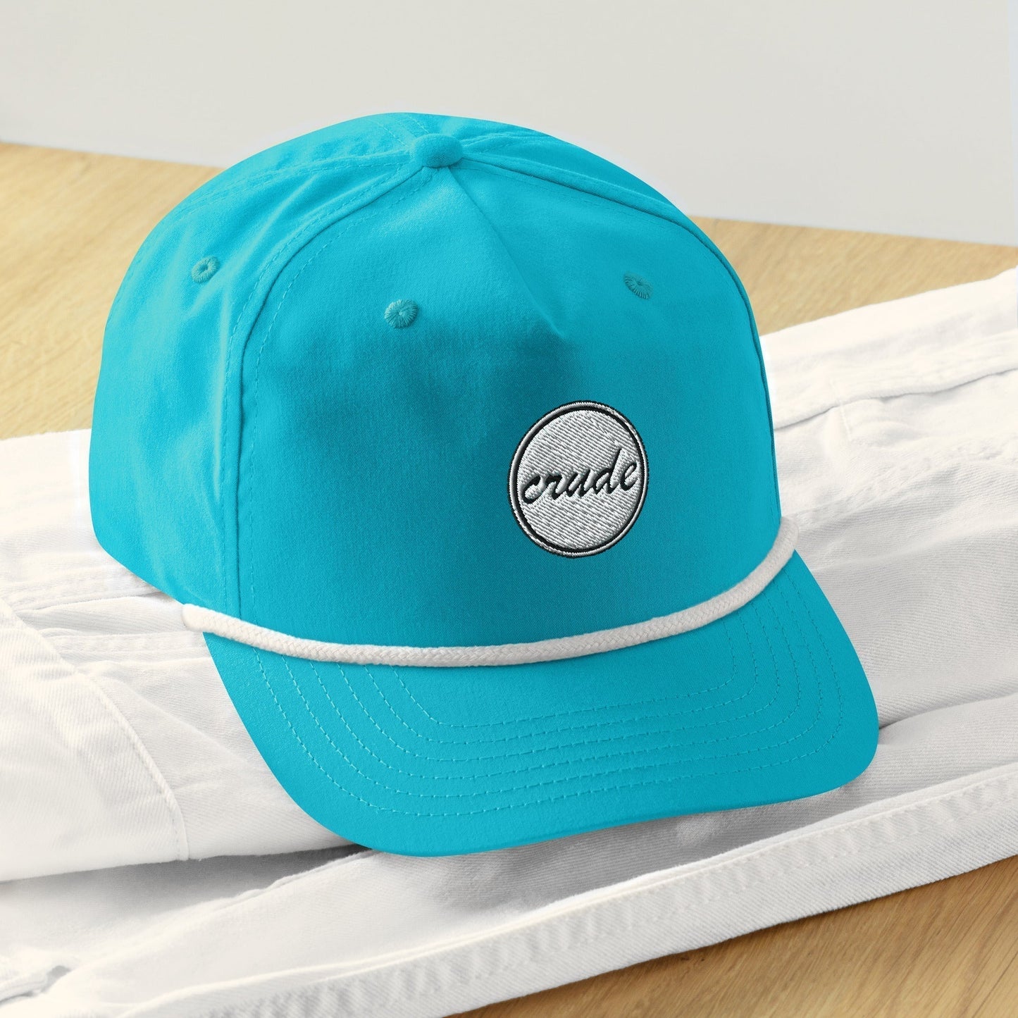 Turquoise Light Blue & White 5-panel Course Correction Rope Golf Hat with semi-curved bill and snapback closure; crude oil golf hat