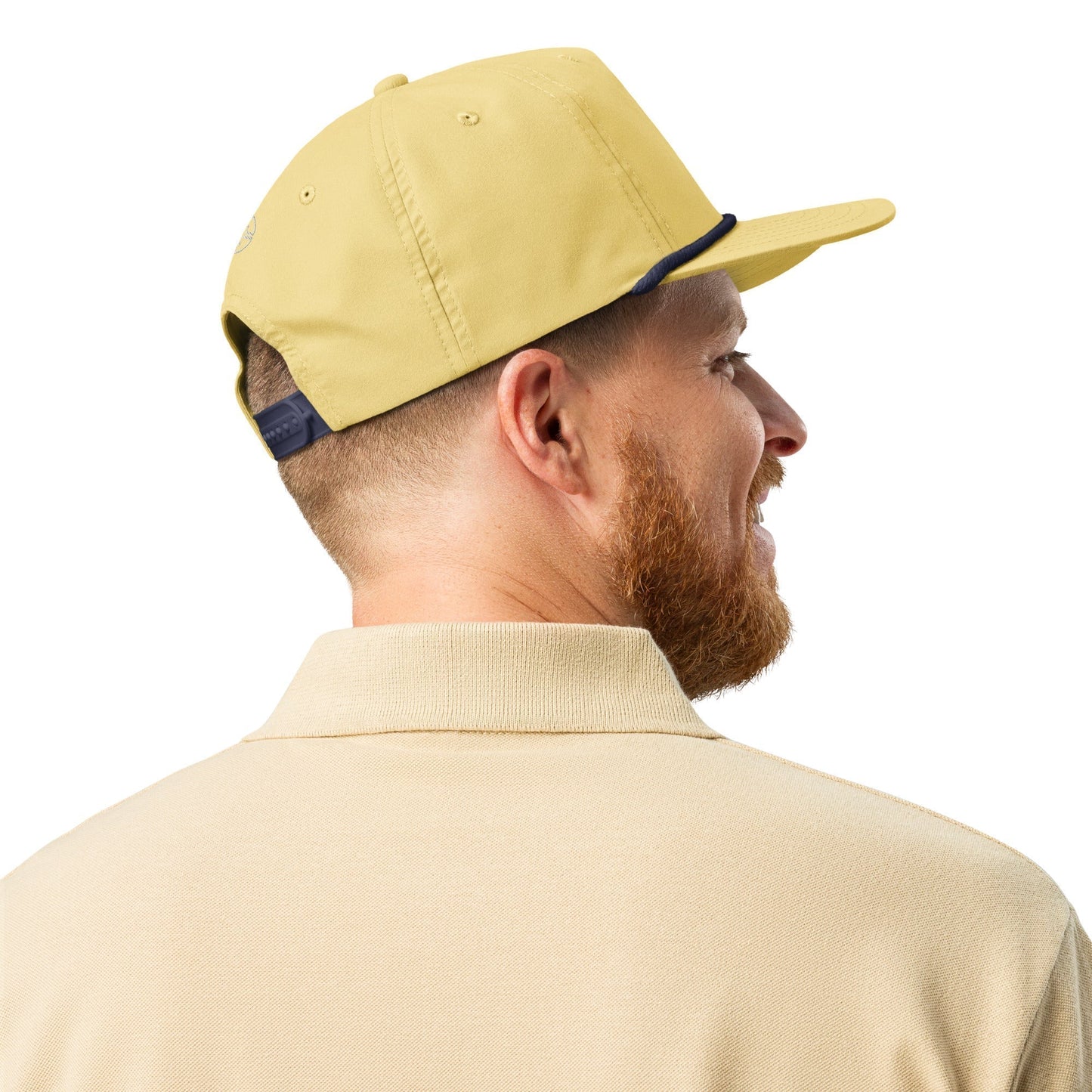 Yellow & Navy Blue 5-panel Course Correction Rope Golf Hat with semi-curved bill and snapback closure; crude oil golf hat worn by smiling man