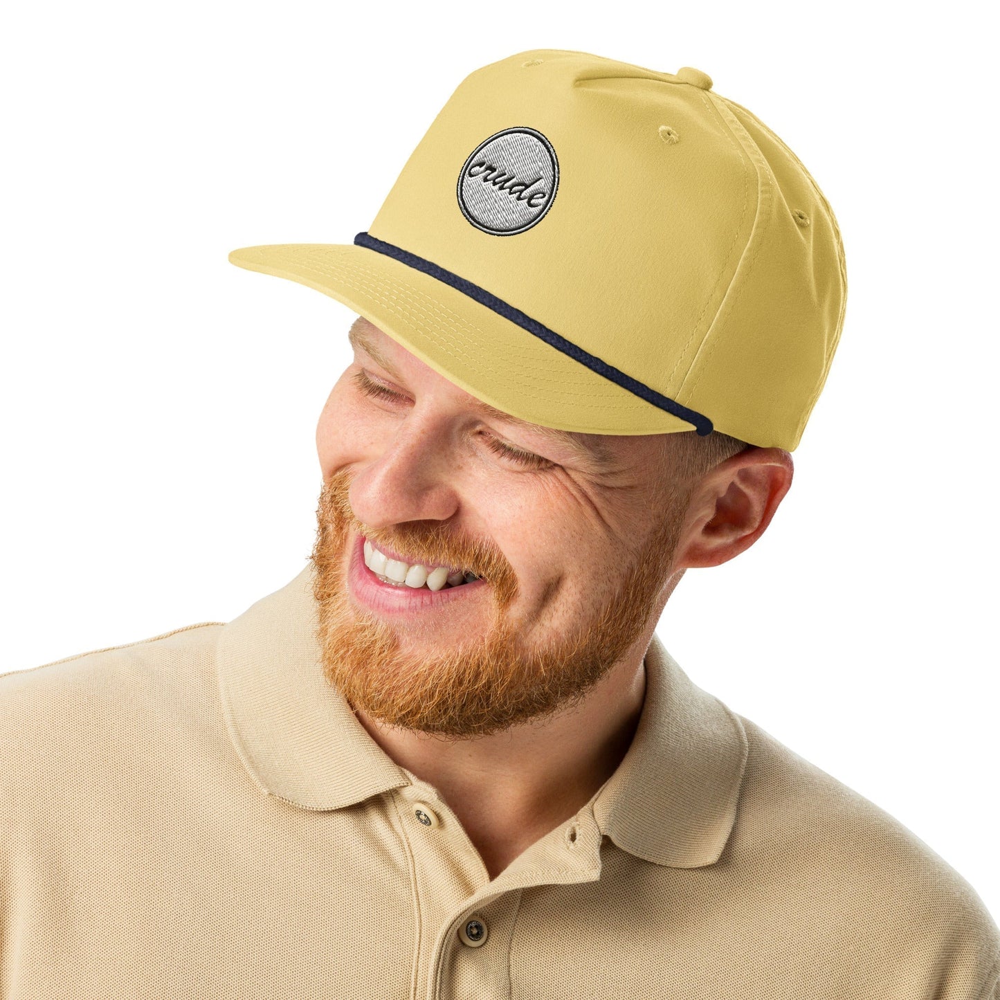 Yellow & Navy Blue 5-panel Course Correction Rope Golf Hat with semi-curved bill and snapback closure; crude oil golf hat worn by a smiling man