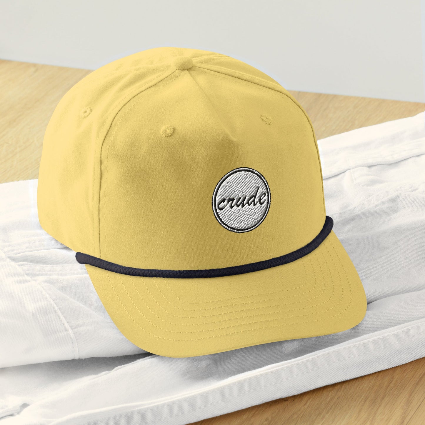 Yellow & Navy Blue 5-panel Course Correction Rope Golf Hat with semi-curved bill and snapback closure; crude oil golf hat