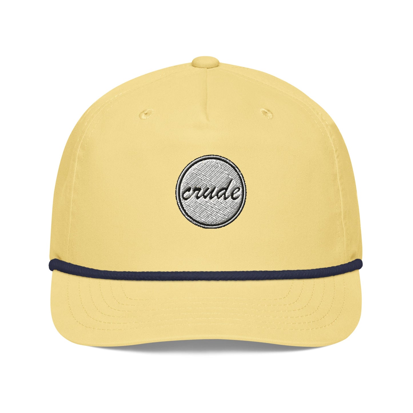Yellow & Navy Blue 5-panel Course Correction Rope Golf Hat with semi-curved bill and snapback closure; crude oil golf hat
