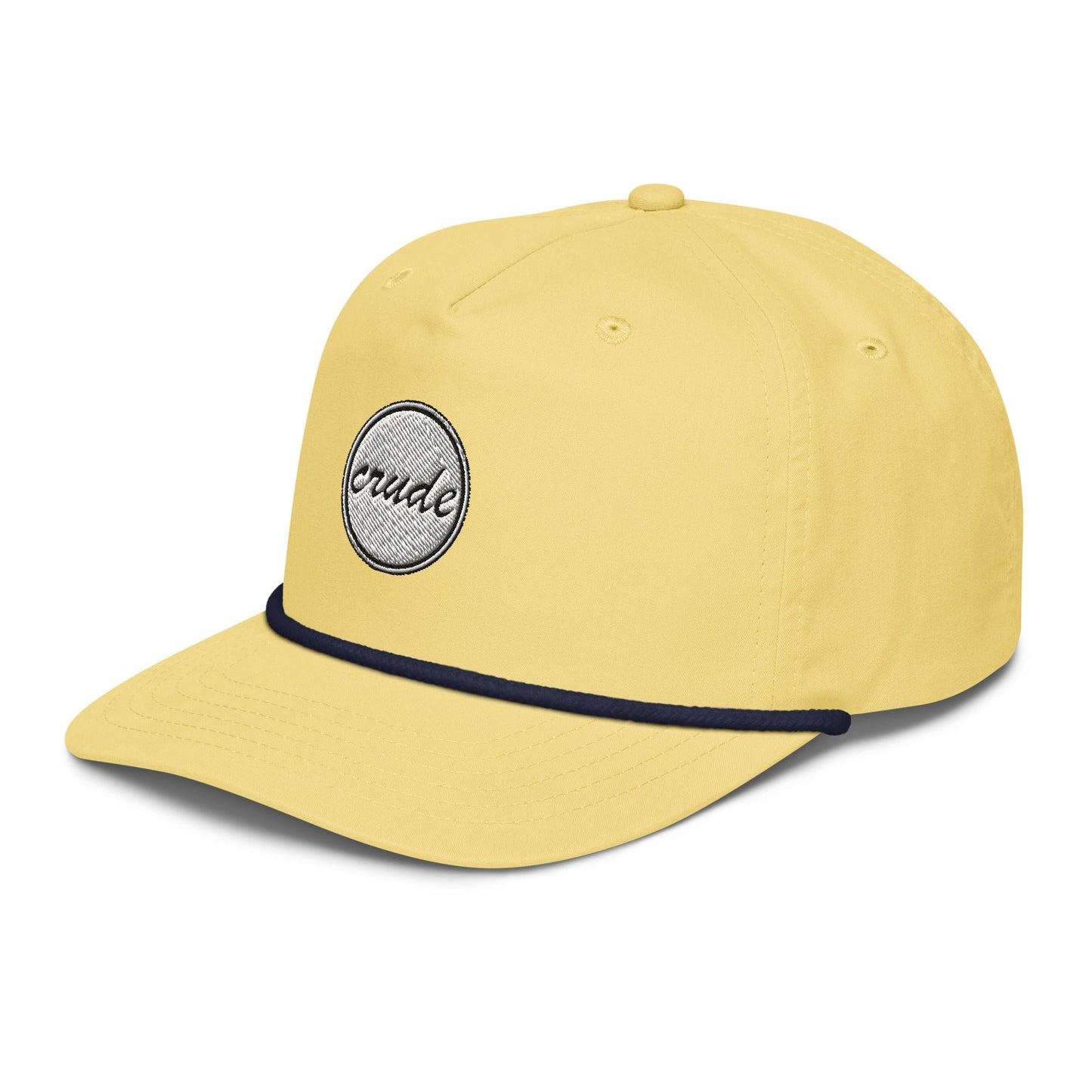 Yellow & Navy Blue 5-panel Course Correction Rope Golf Hat with semi-curved bill and snapback closure; crude oil golf hat
