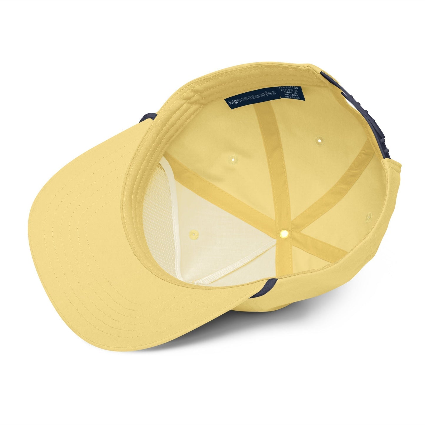 Yellow & Navy Blue 5-panel Course Correction Rope Golf Hat with semi-curved bill and snapback closure; crude oil golf hat