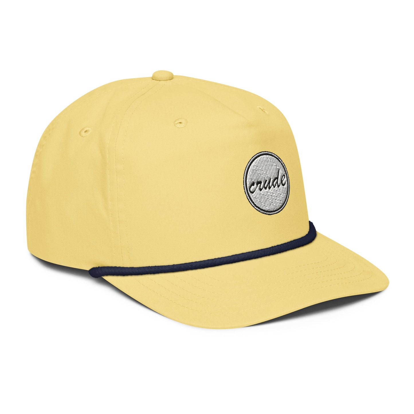 Yellow & Navy Blue 5-panel Course Correction Rope Golf Hat with semi-curved bill and snapback closure; crude oil golf hat
