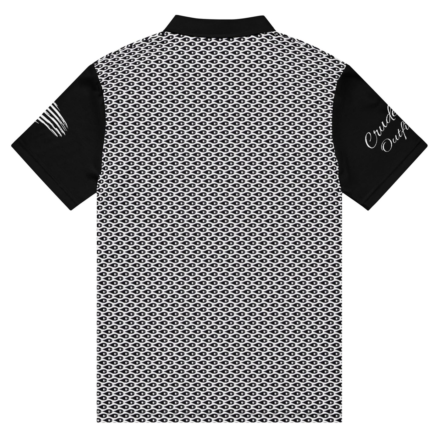 Crude Oil Polo shirt with sleek slim fit and classic collar. Decorated with Crude Oil Outfitters in script on the right sleeve and a distressed American Flag on the left sleeve