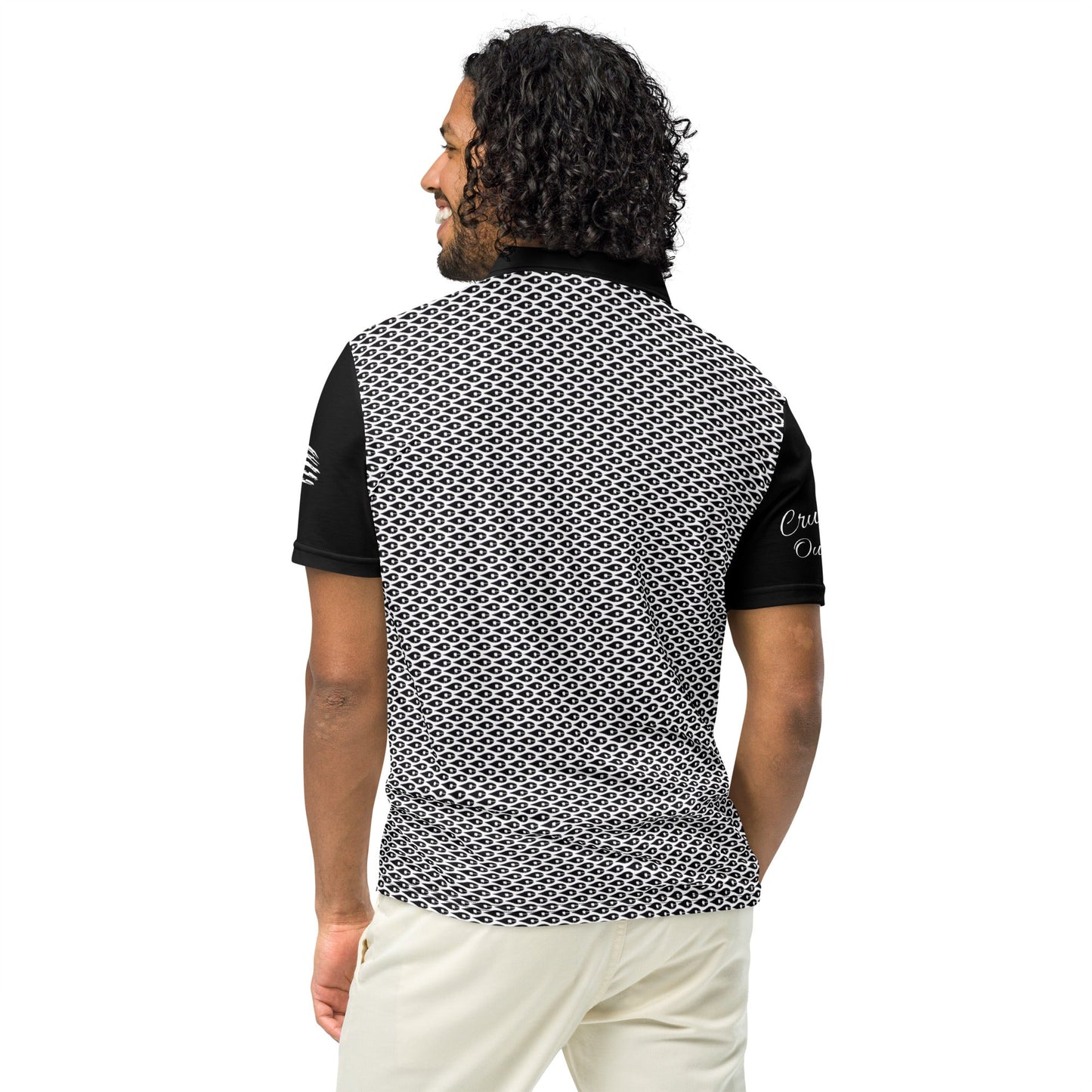 Crude Oil Polo shirt with sleek slim fit and classic collar. Decorated with Crude Oil Outfitters in script on the right sleeve and a distressed American Flag on the left sleeve