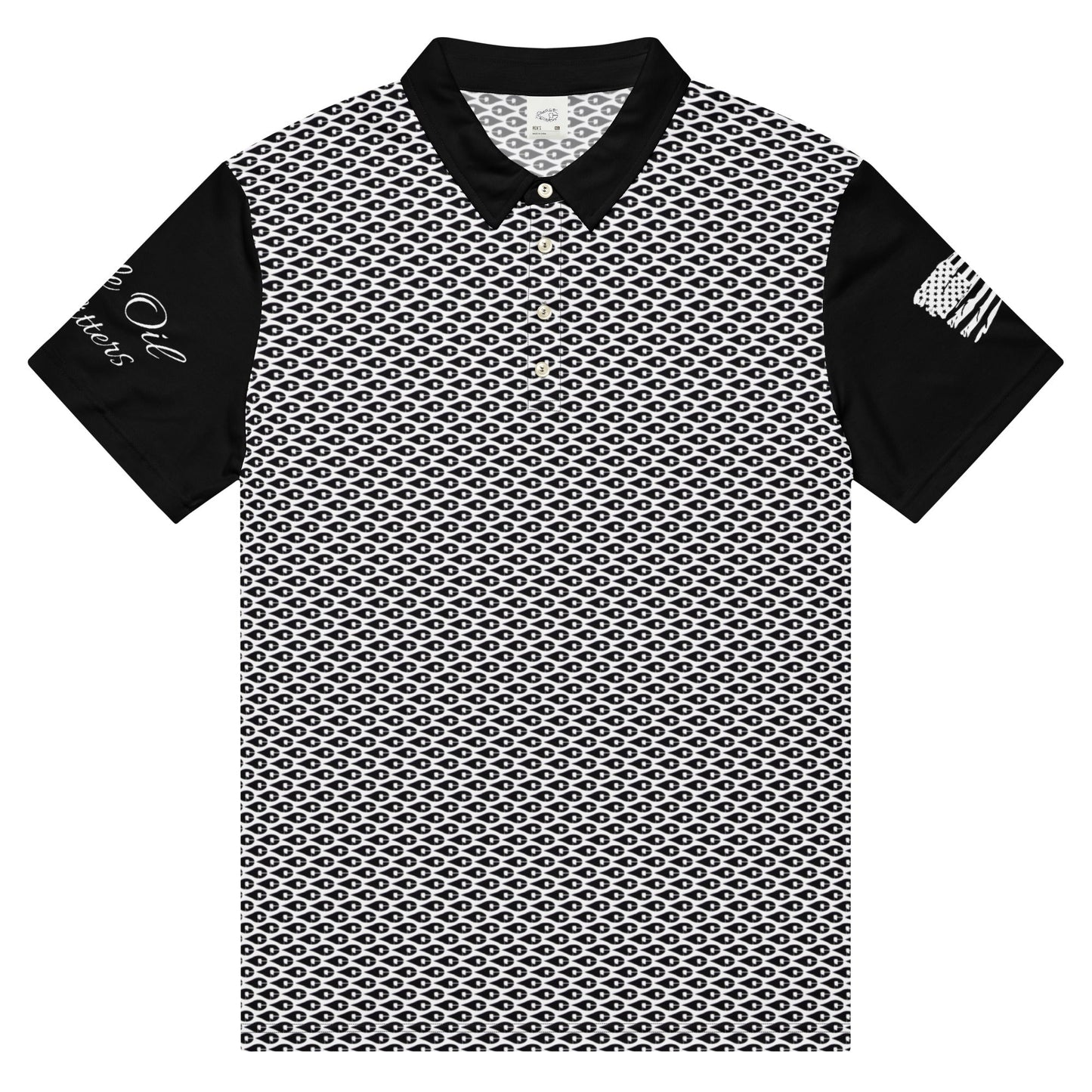 Crude Oil Polo shirt with sleek slim fit and classic collar. Decorated with Crude Oil Outfitters in script on the right sleeve and a distressed American Flag on the left sleeve