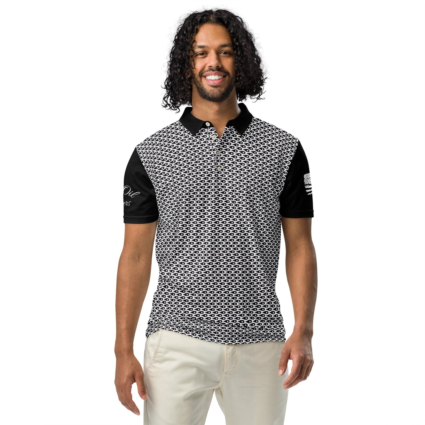 Crude Oil Polo shirt with sleek slim fit and classic collar. Decorated with Crude Oil Outfitters in script on the right sleeve and a distressed American Flag on the left sleeve