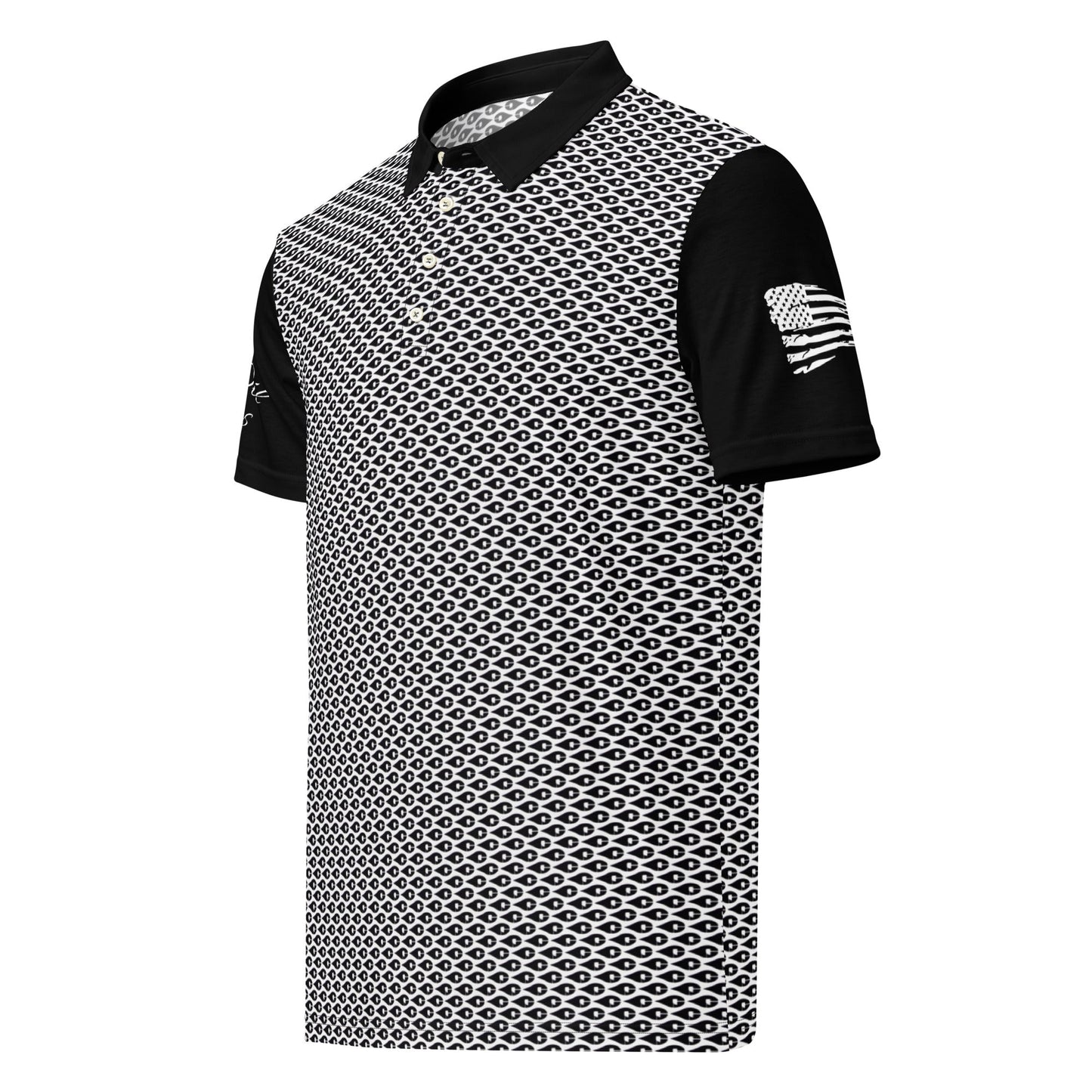 Crude Oil Polo shirt with sleek slim fit and classic collar. Decorated with Crude Oil Outfitters in script on the right sleeve and a distressed American Flag on the left sleeve