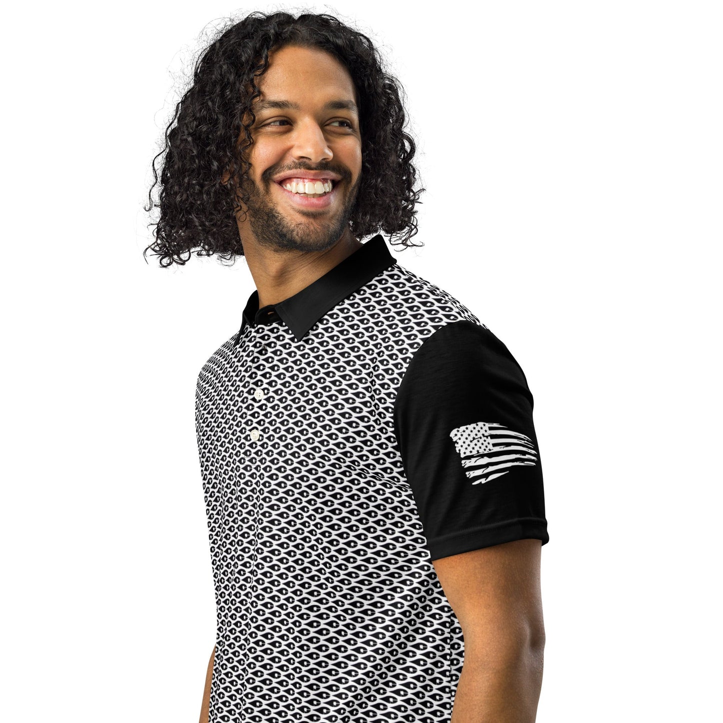 Crude Oil Polo shirt with sleek slim fit and classic collar. Decorated with Crude Oil Outfitters in script on the right sleeve and a distressed American Flag on the left sleeve
