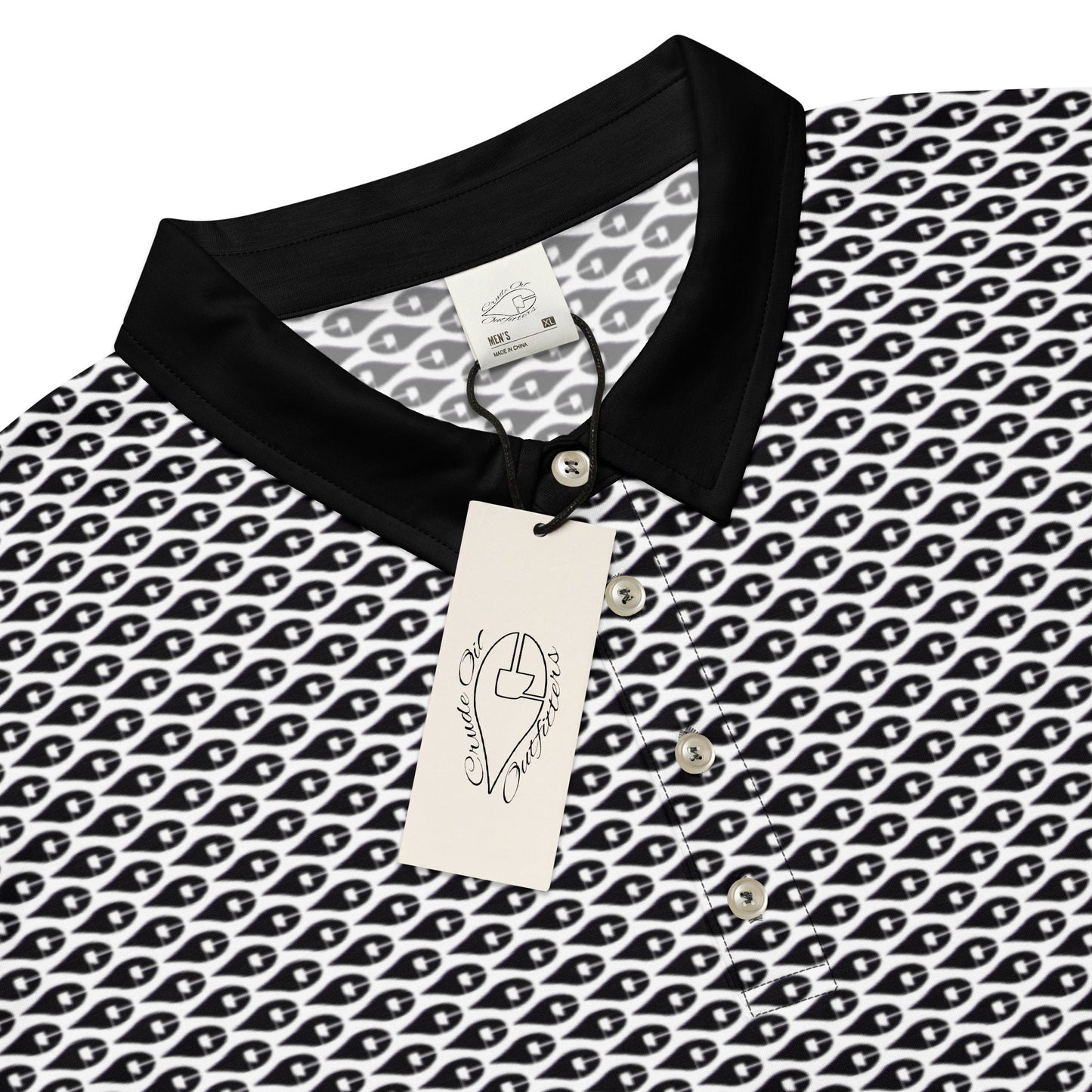 Crude Oil Polo shirt with sleek slim fit and classic collar. Decorated with Crude Oil Outfitters in script on the right sleeve and a distressed American Flag on the left sleeve