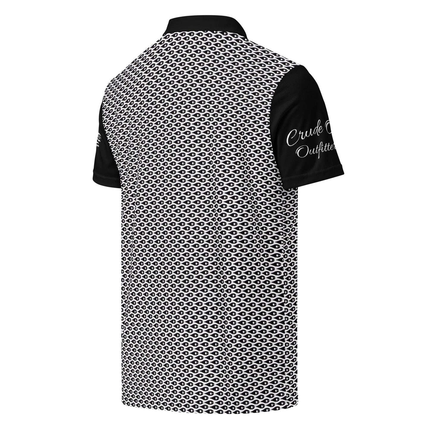 Crude Oil Polo shirt with sleek slim fit and classic collar. Decorated with Crude Oil Outfitters in script on the right sleeve and a distressed American Flag on the left sleeve