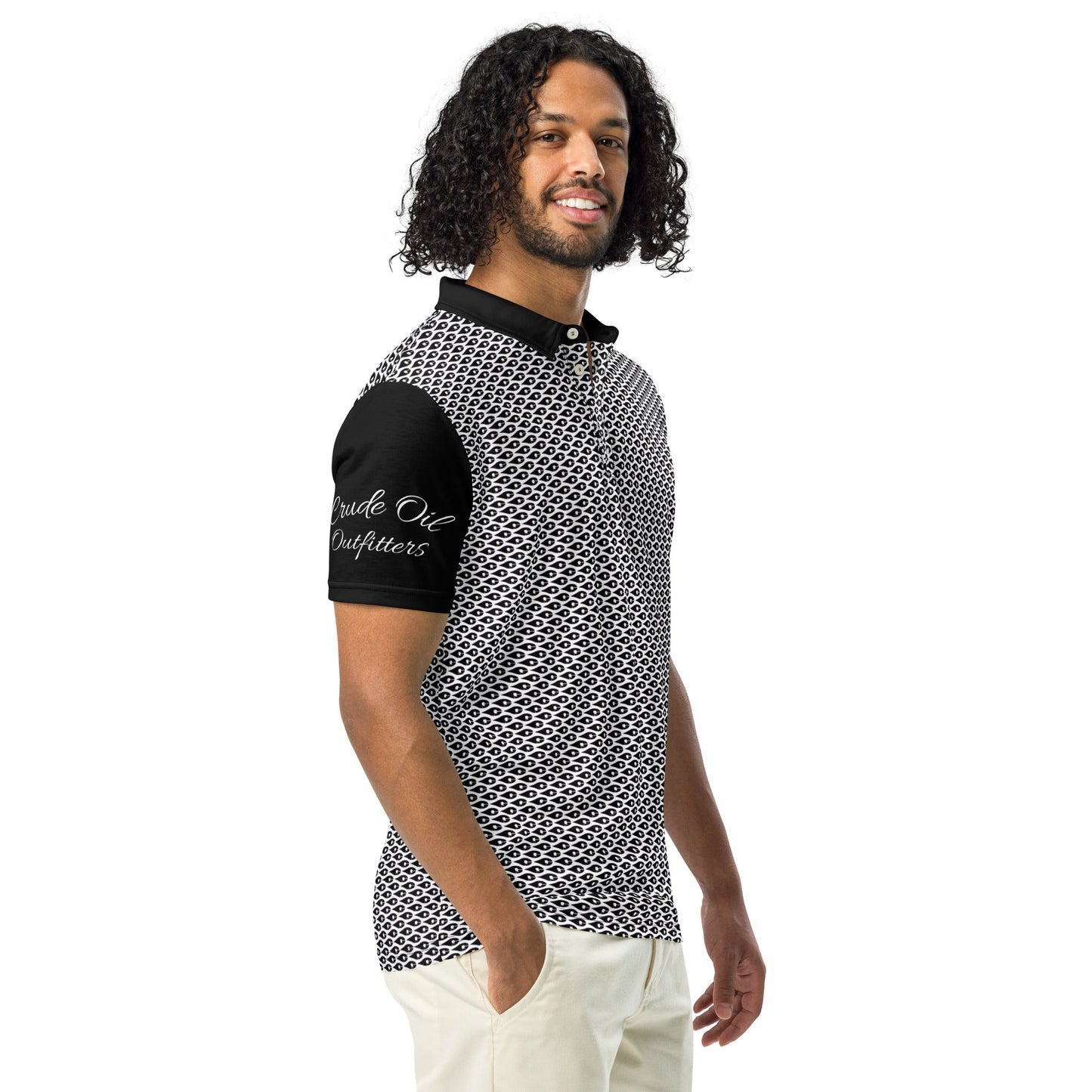 Crude Oil Polo shirt with sleek slim fit and classic collar. Decorated with Crude Oil Outfitters in script on the right sleeve and a distressed American Flag on the left sleeve