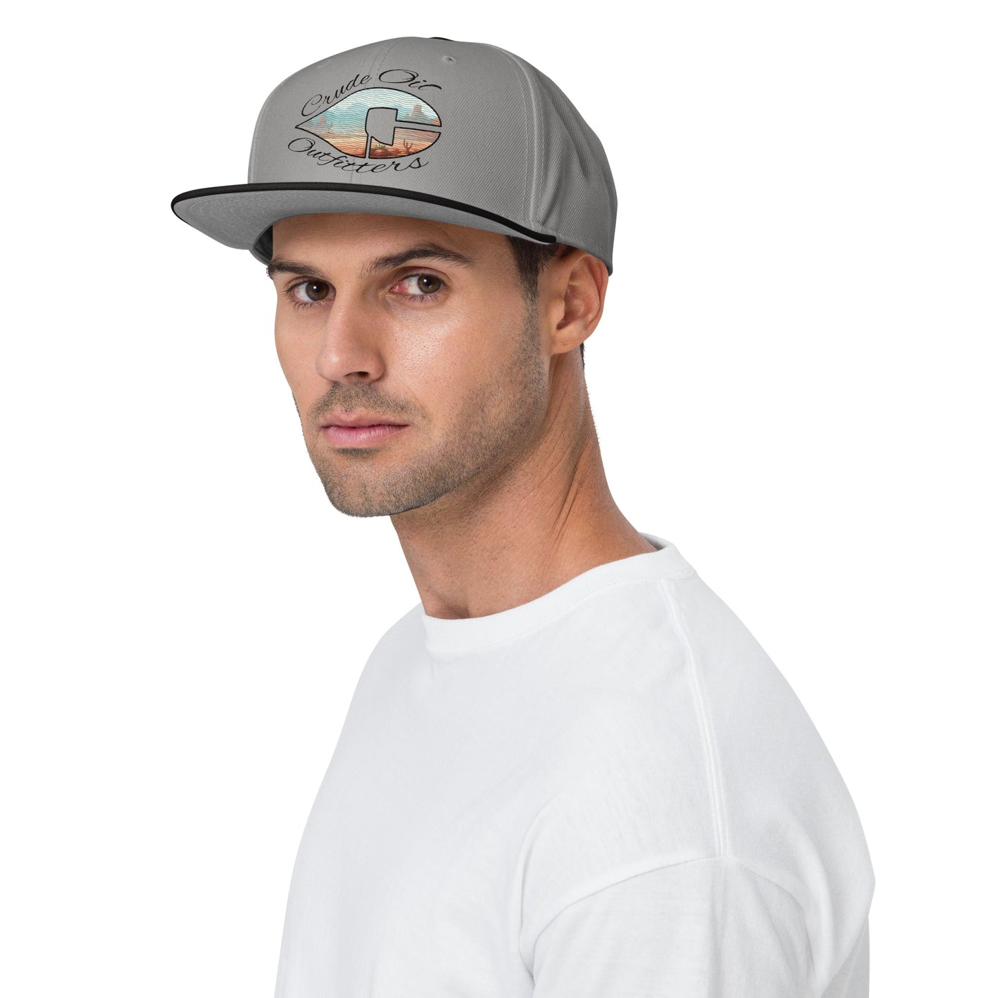 Crude Western Window Snapback hat with grey and black design, structured 6-panel, flat visor.