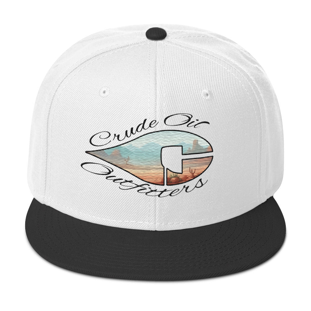 Crude Western Window Snapback hat with white and black design, structured 6-panel, flat visor.