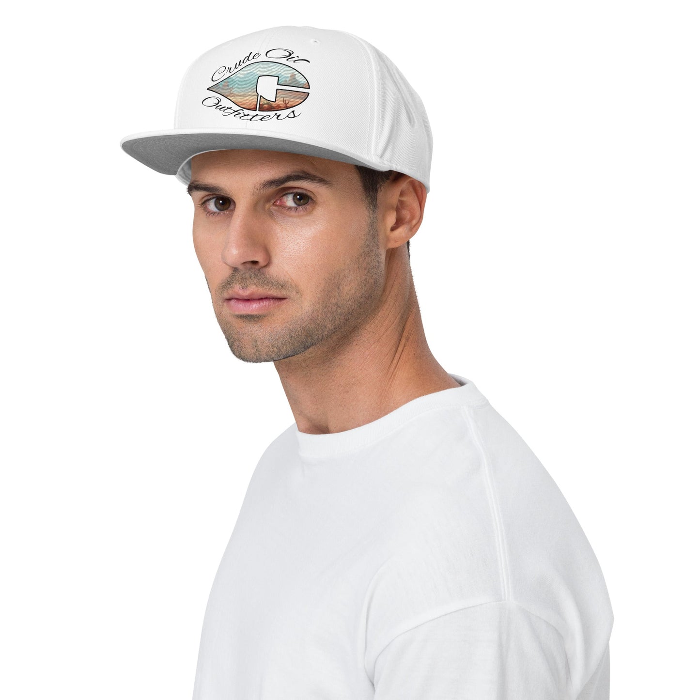 Crude Western Window Snapback hat with white design, structured 6-panel, flat visor.