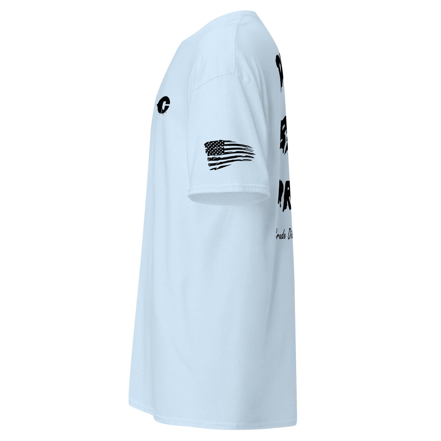 light blue Unisex cotton tee with "Drill Baby Drill" text on back, showing support for American oil and gas. American flag sleeve detail