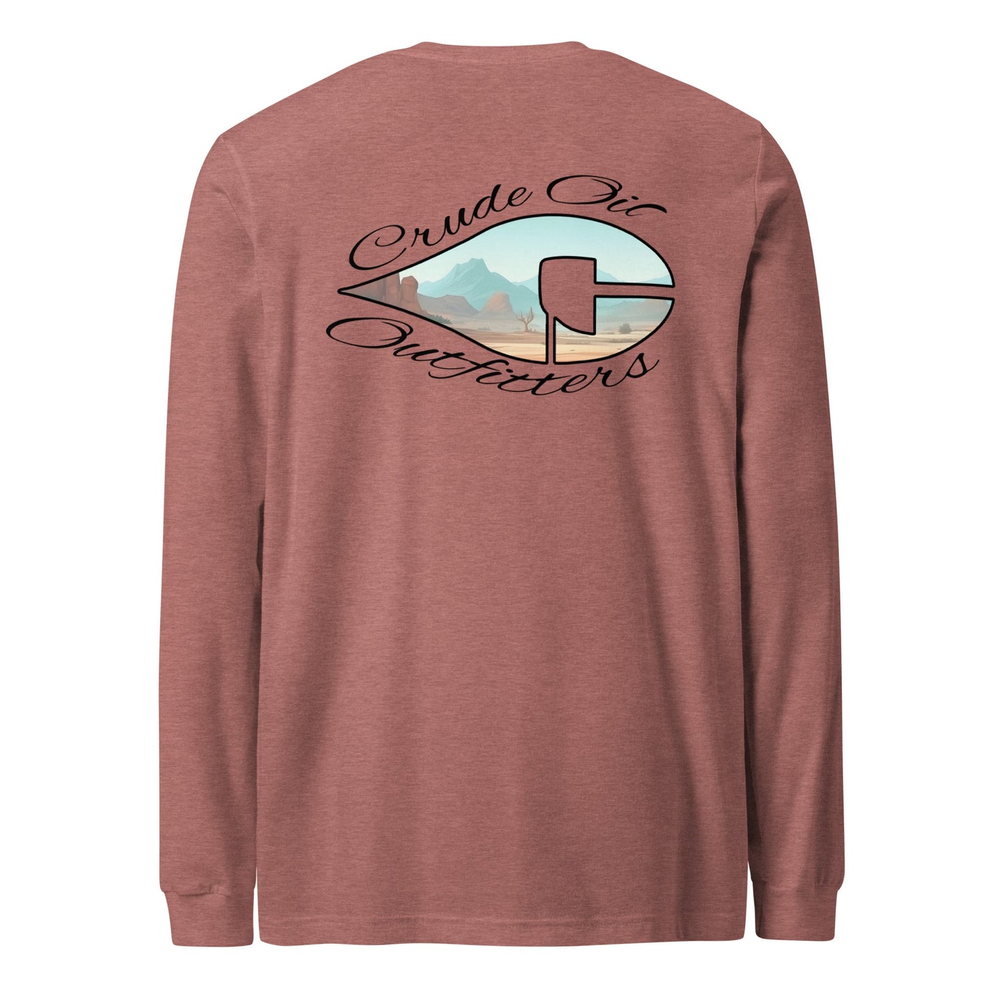 Crude Western Window Long Sleeve Shirt, long sleeve, crew neck, ribbed cuffs, desert graphic on back, versatile casual wear.