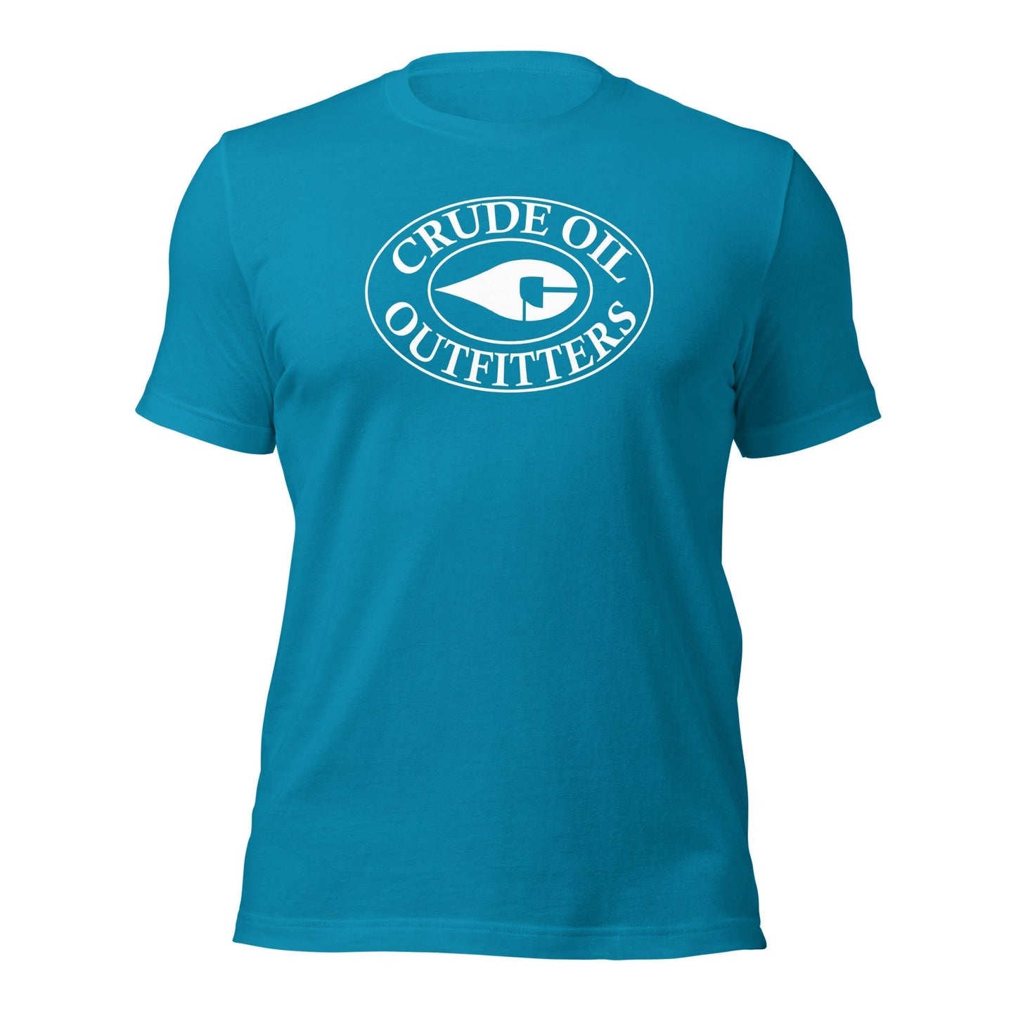 Aqua Blue Crude Oil t-shirt with "Crude Oil Outfitters" logo, lightweight cotton.