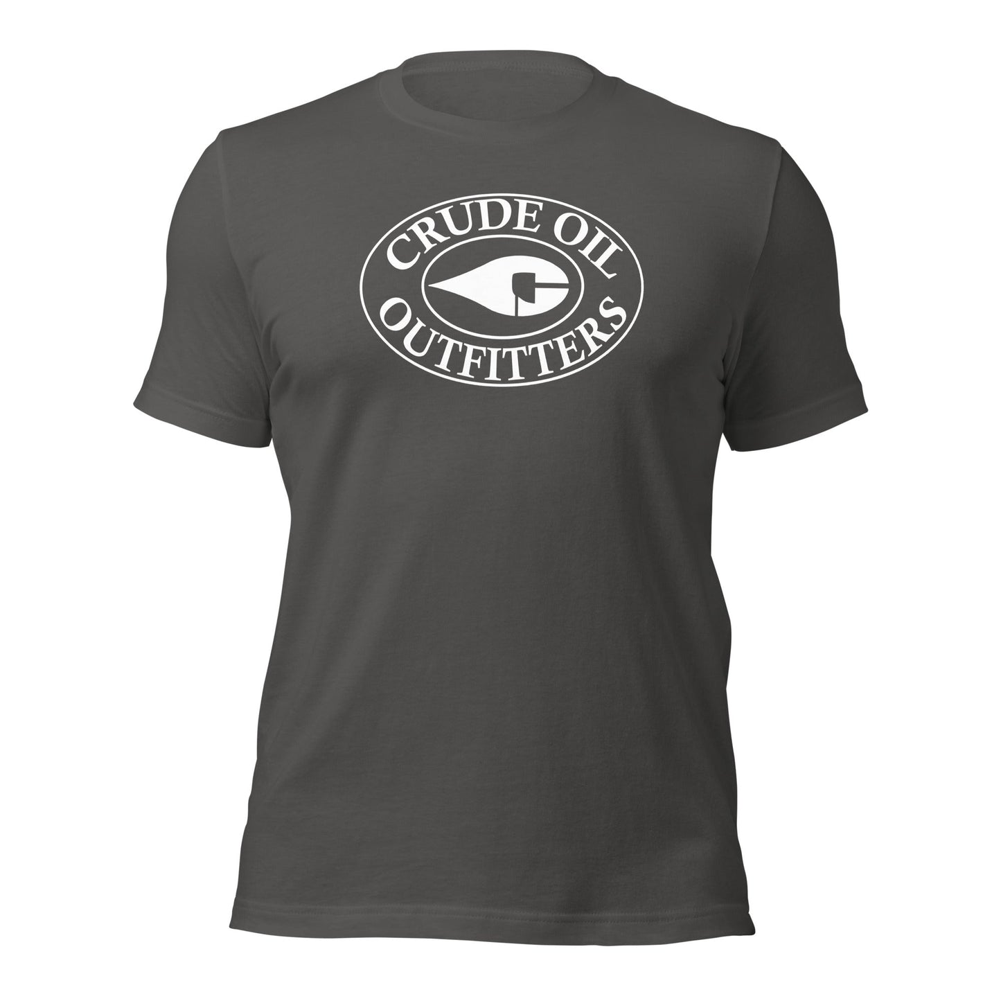 Asphalt Grey Crude Oil t-shirt with "Crude Oil Outfitters" logo, lightweight cotton.