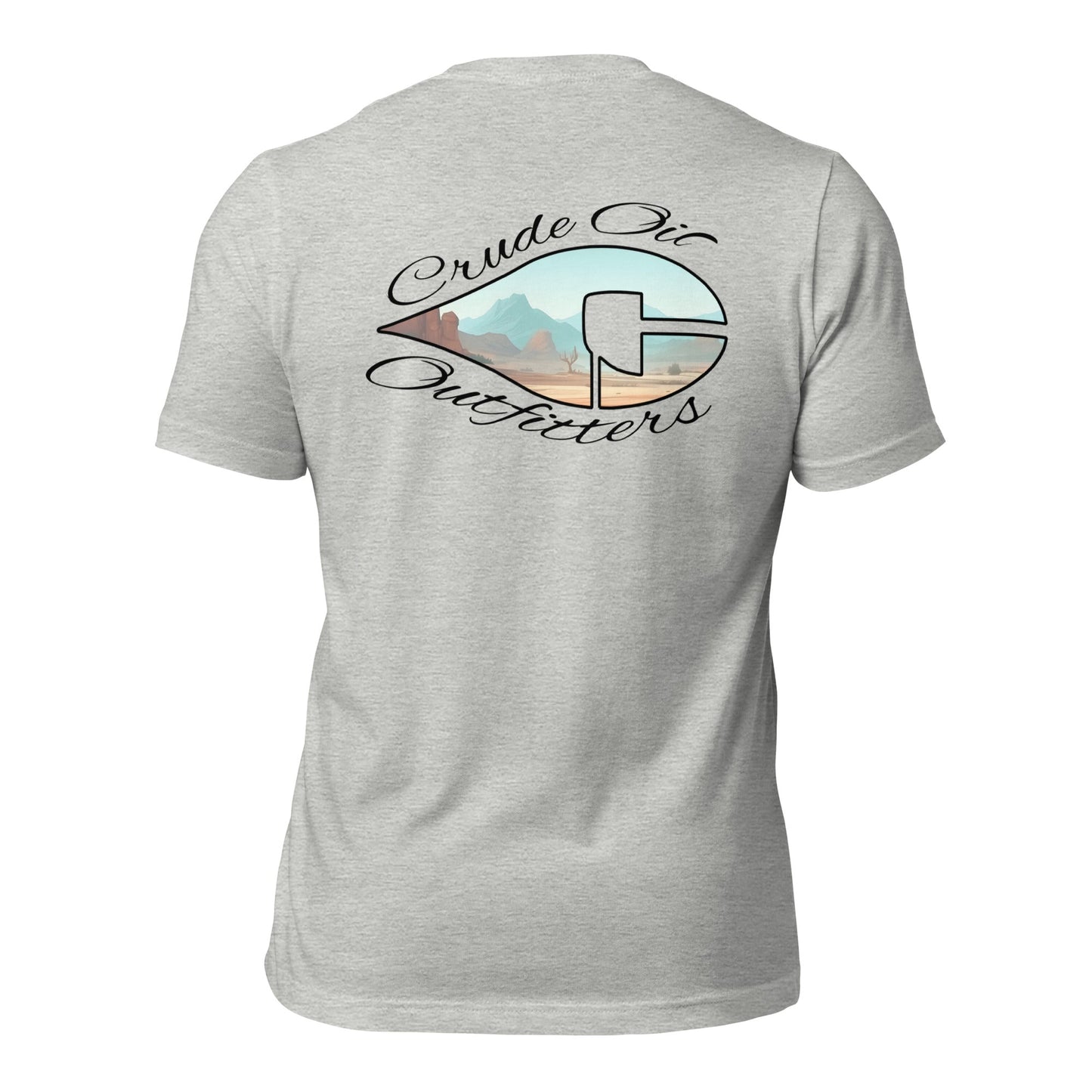 Crude Oil Outfitters Western Window T-Shirt with desert mountain graphic on white cotton fabric.