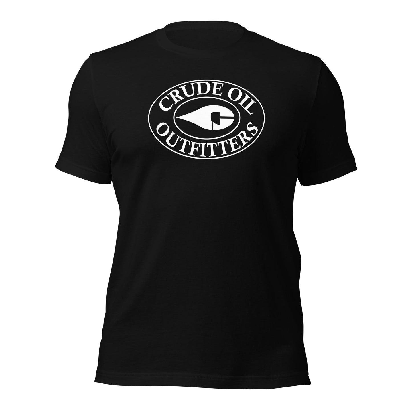 Black Crude Oil t-shirt with "Crude Oil Outfitters" logo, lightweight cotton.