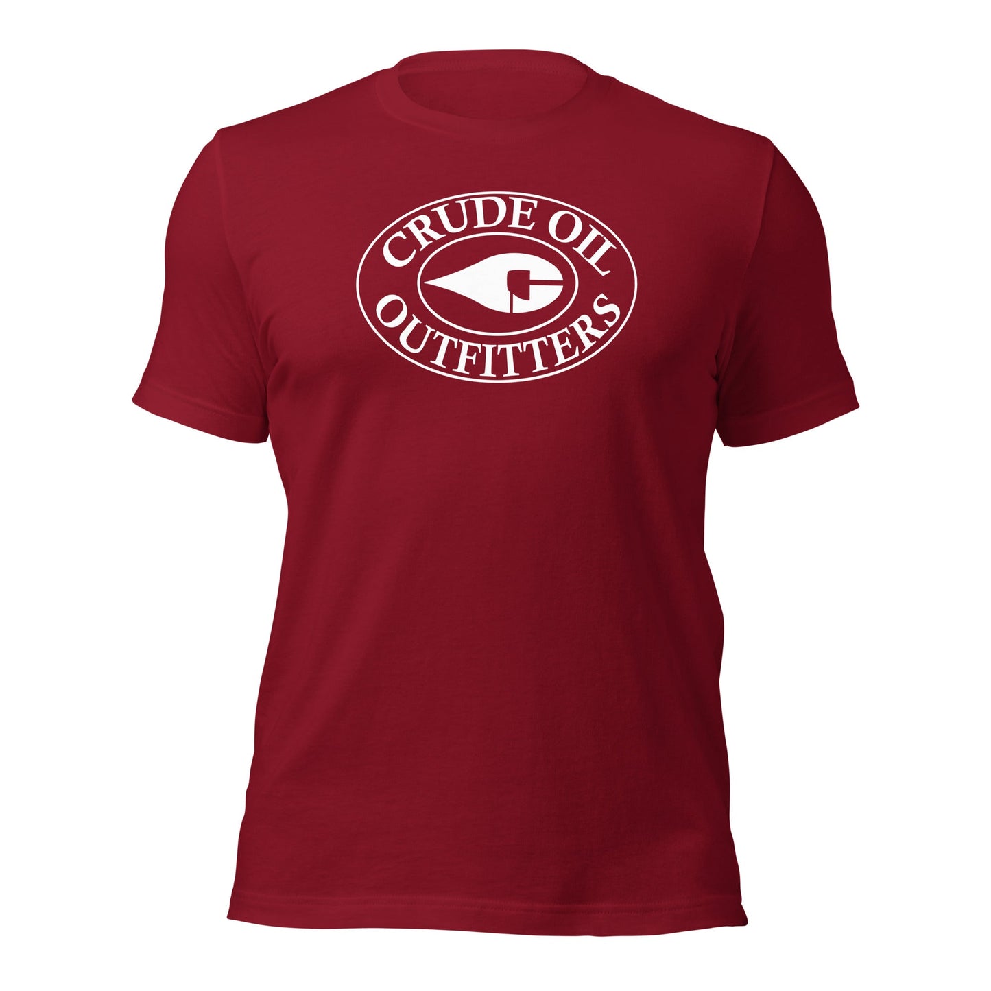 Cardinal Red Crude Oil t-shirt with "Crude Oil Outfitters" logo, lightweight cotton.