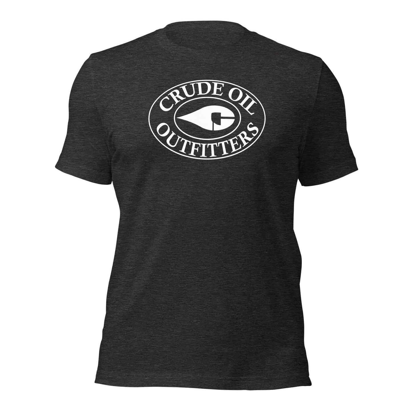 Dark Grey Heather Crude Oil t-shirt with "Crude Oil Outfitters" logo, lightweight cotton.