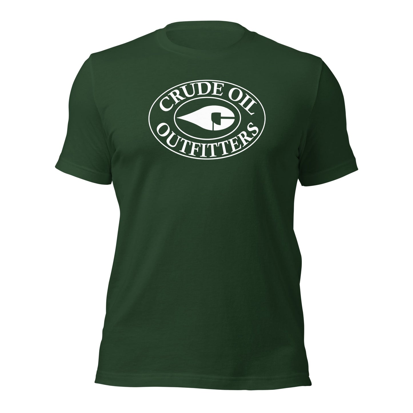 Forest Green Crude Oil t-shirt with "Crude Oil Outfitters" logo, lightweight cotton.