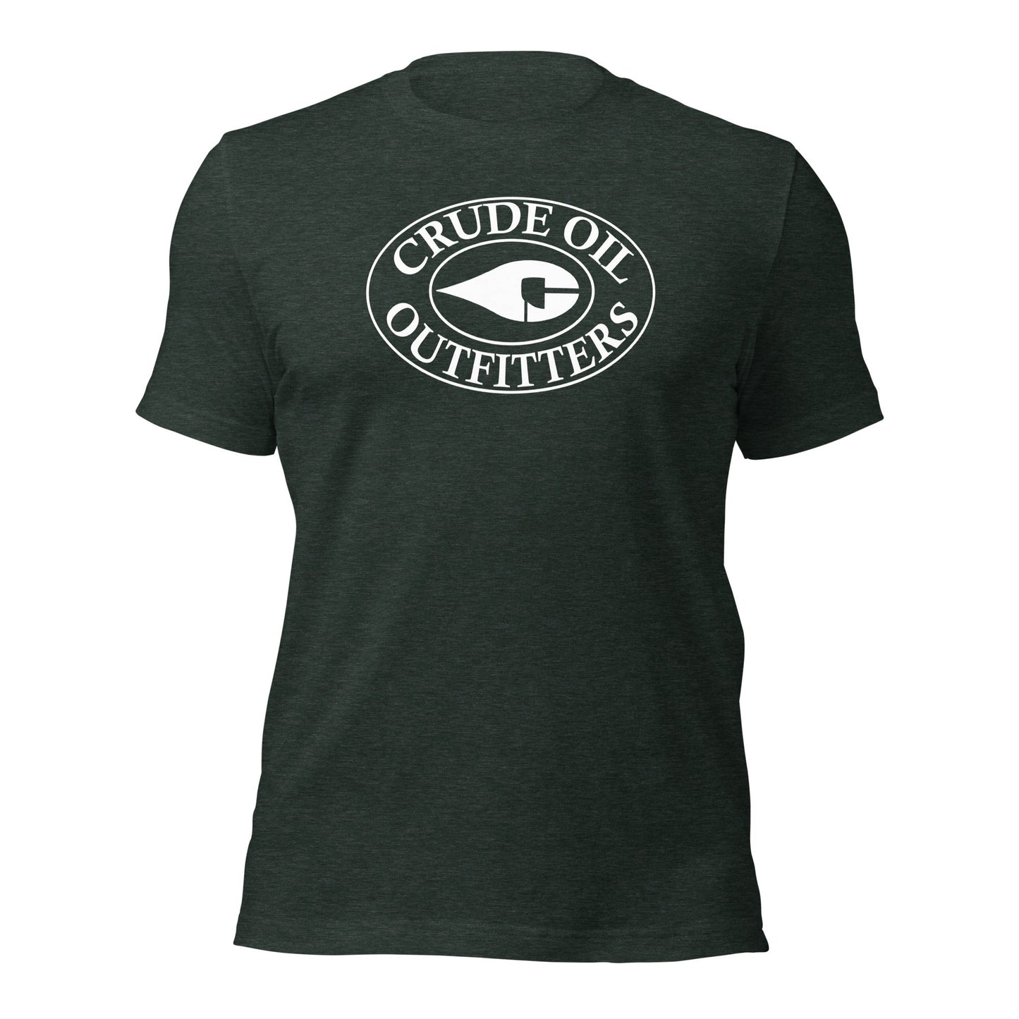 Heather Forest Green Crude Oil t-shirt with "Crude Oil Outfitters" logo, lightweight cotton.