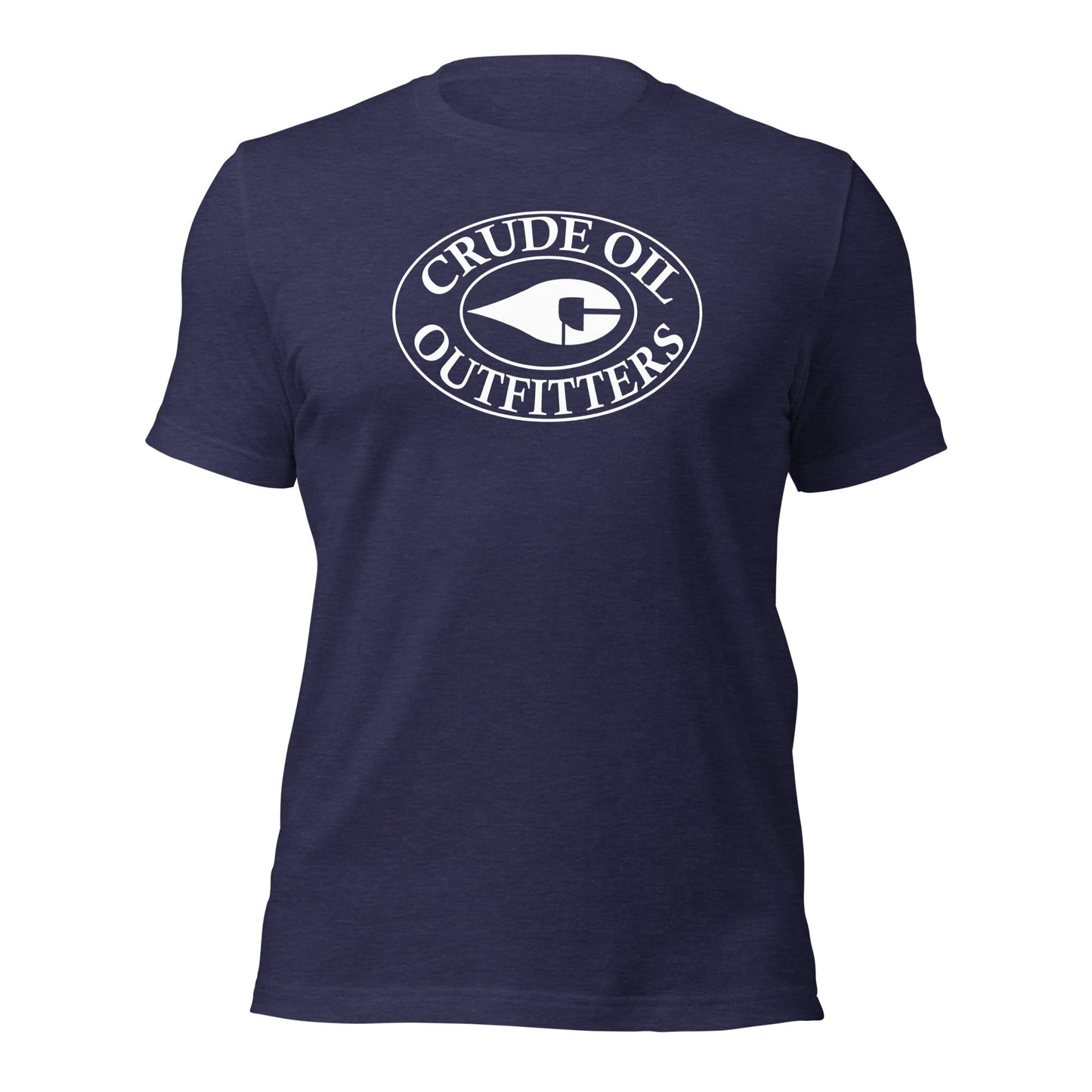 Midnight Heather Blue Crude Oil t-shirt with "Crude Oil Outfitters" logo, lightweight cotton.