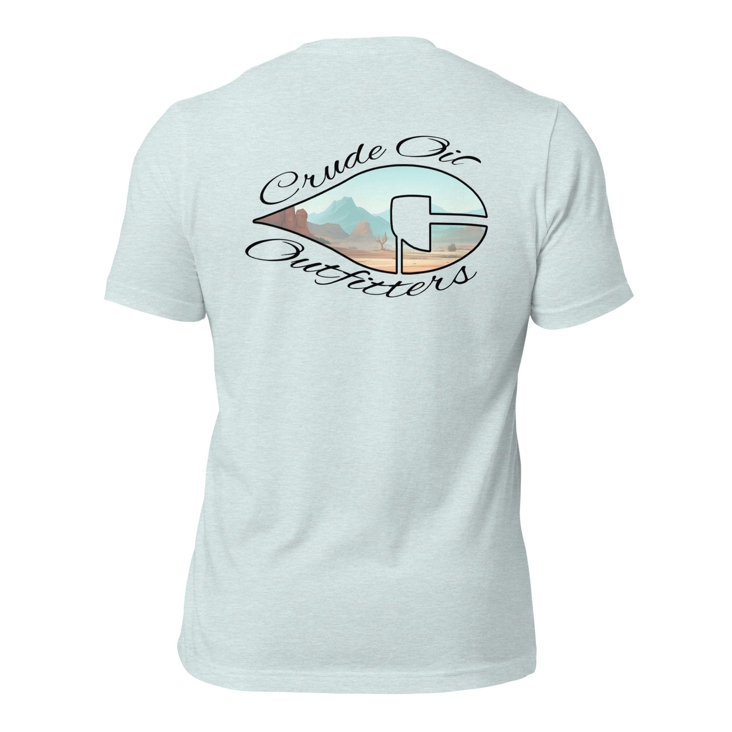 Crude Oil Outfitters Western Window T-Shirt with desert mountain graphic on white cotton fabric.