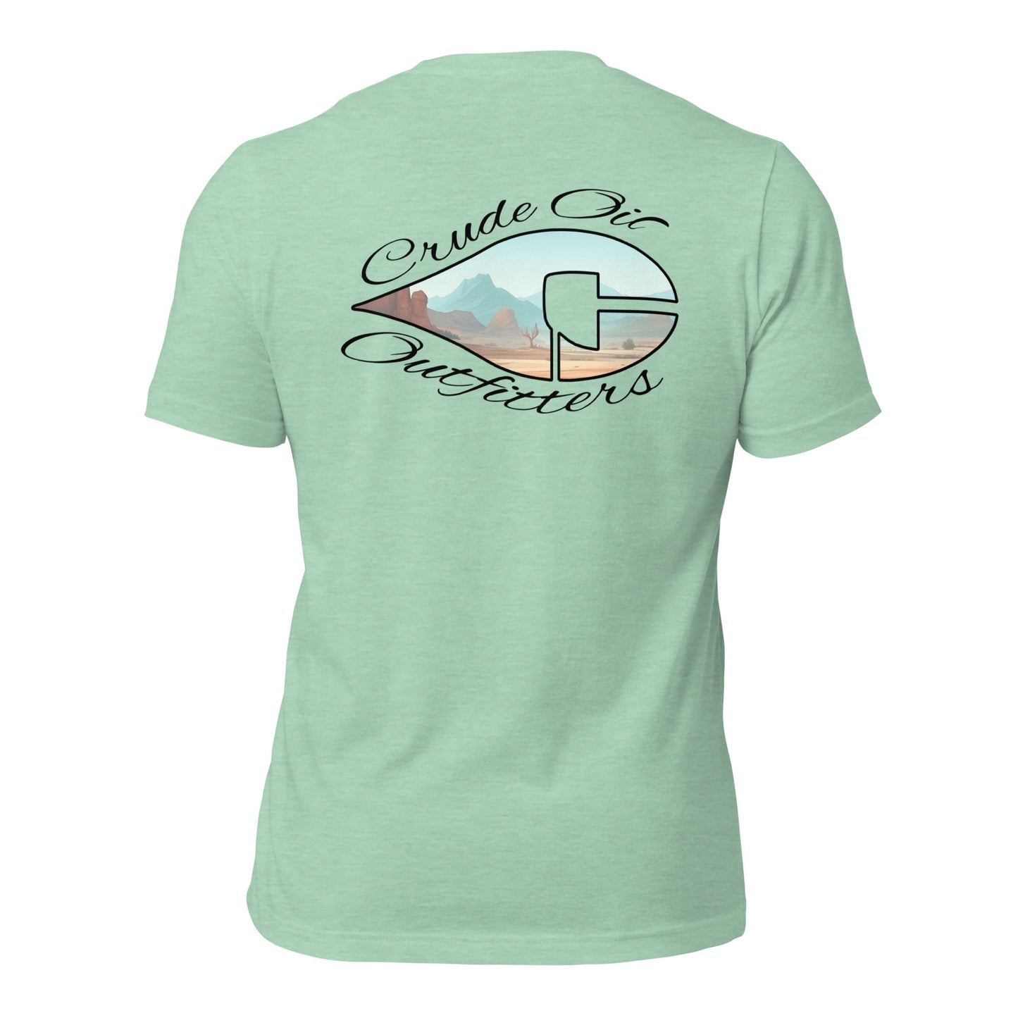Crude Oil Outfitters Western Window T-Shirt with desert mountain graphic on white cotton fabric.
