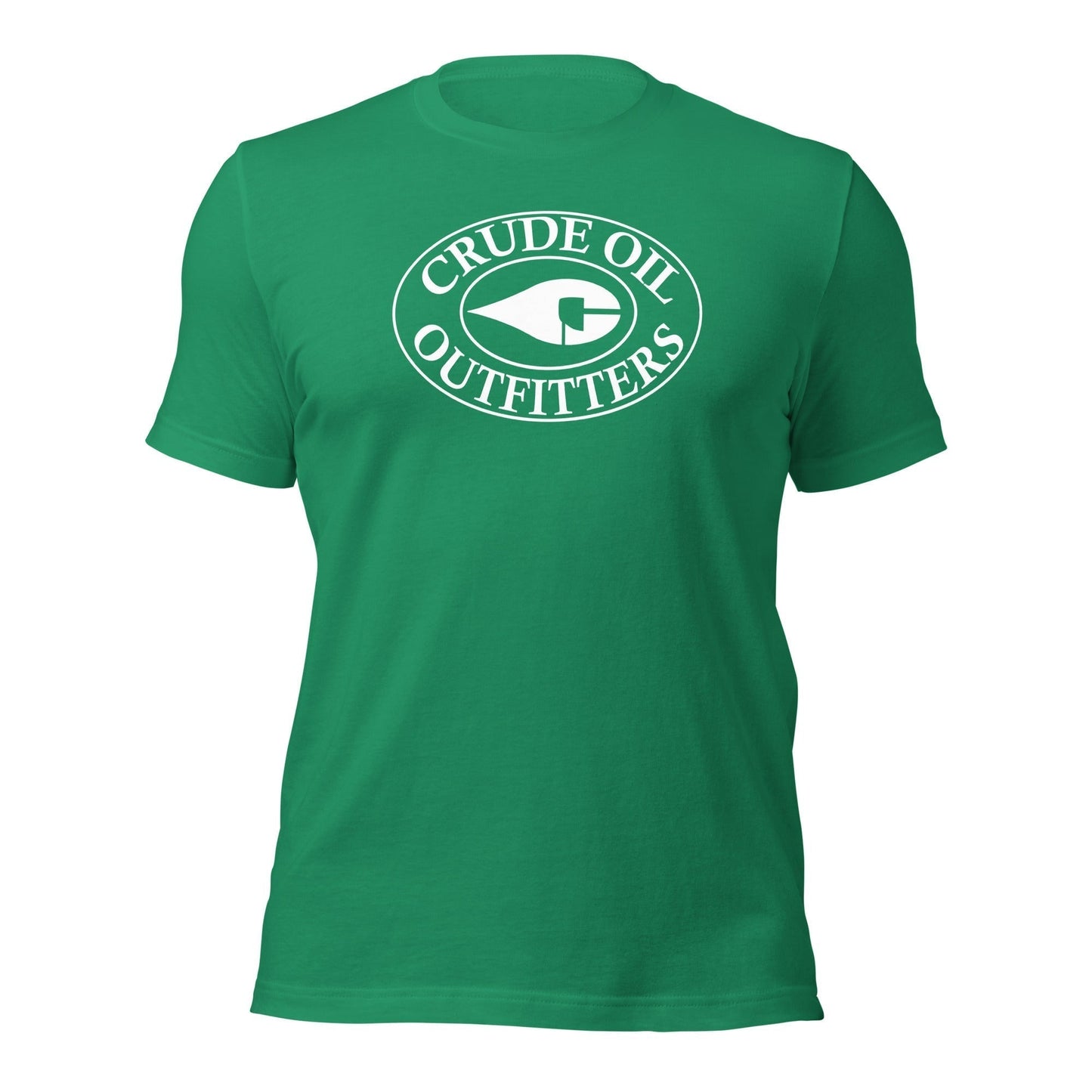 Kelly Green Crude Oil t-shirt with "Crude Oil Outfitters" logo, lightweight cotton.