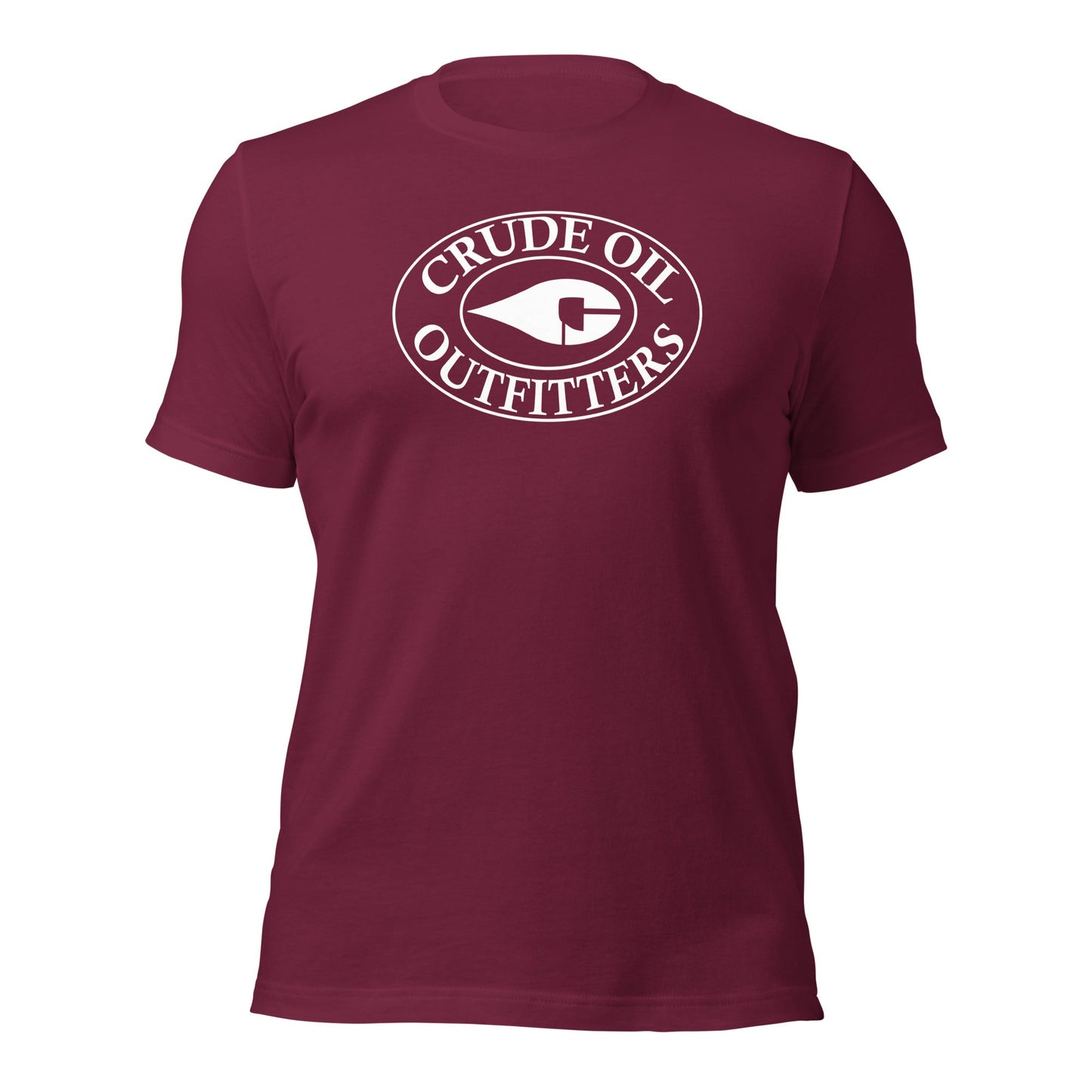 Maroon Crude Oil t-shirt with "Crude Oil Outfitters" logo, lightweight cotton.