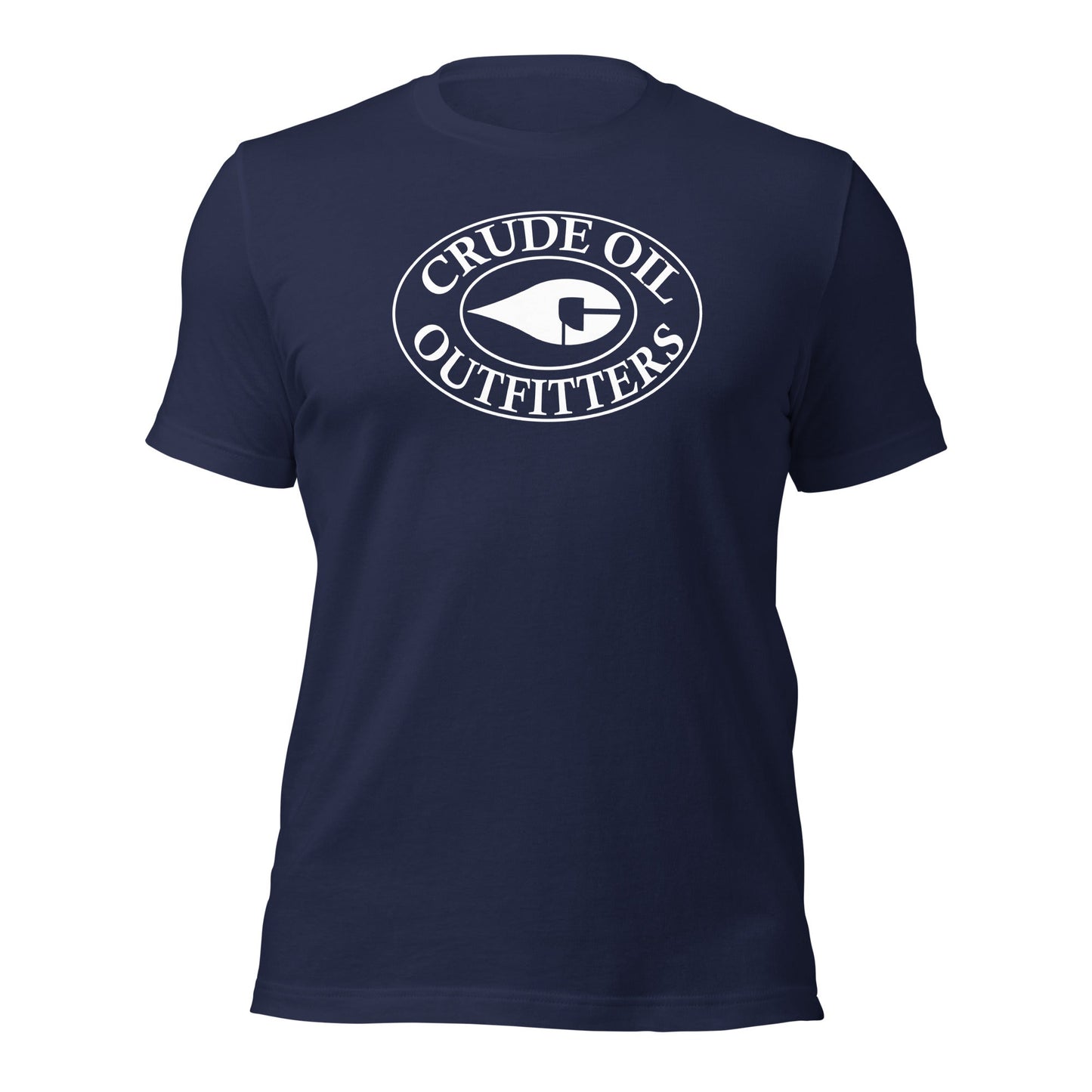 Navy Blue Crude Oil t-shirt with "Crude Oil Outfitters" logo, lightweight cotton.