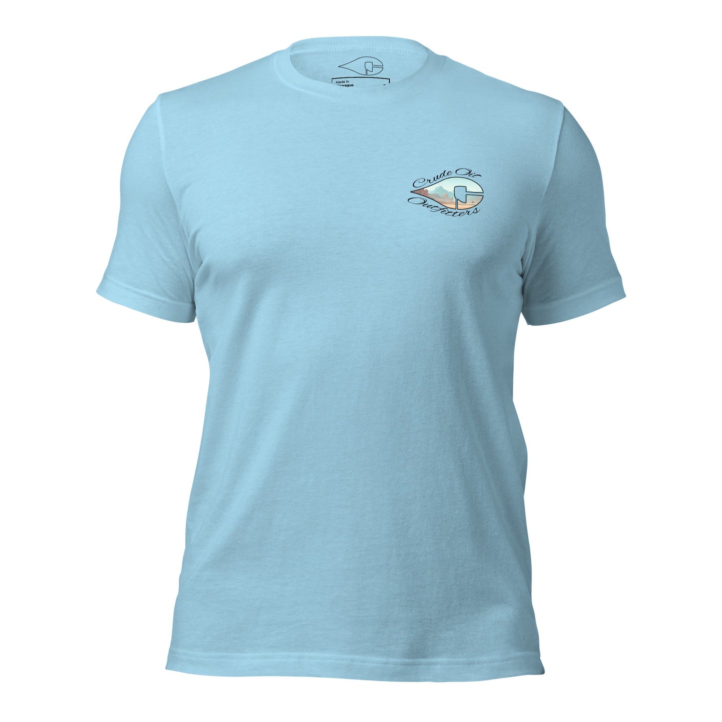 Crude Oil Outfitters Western Window T-Shirt with desert mountain graphic on white cotton fabric.