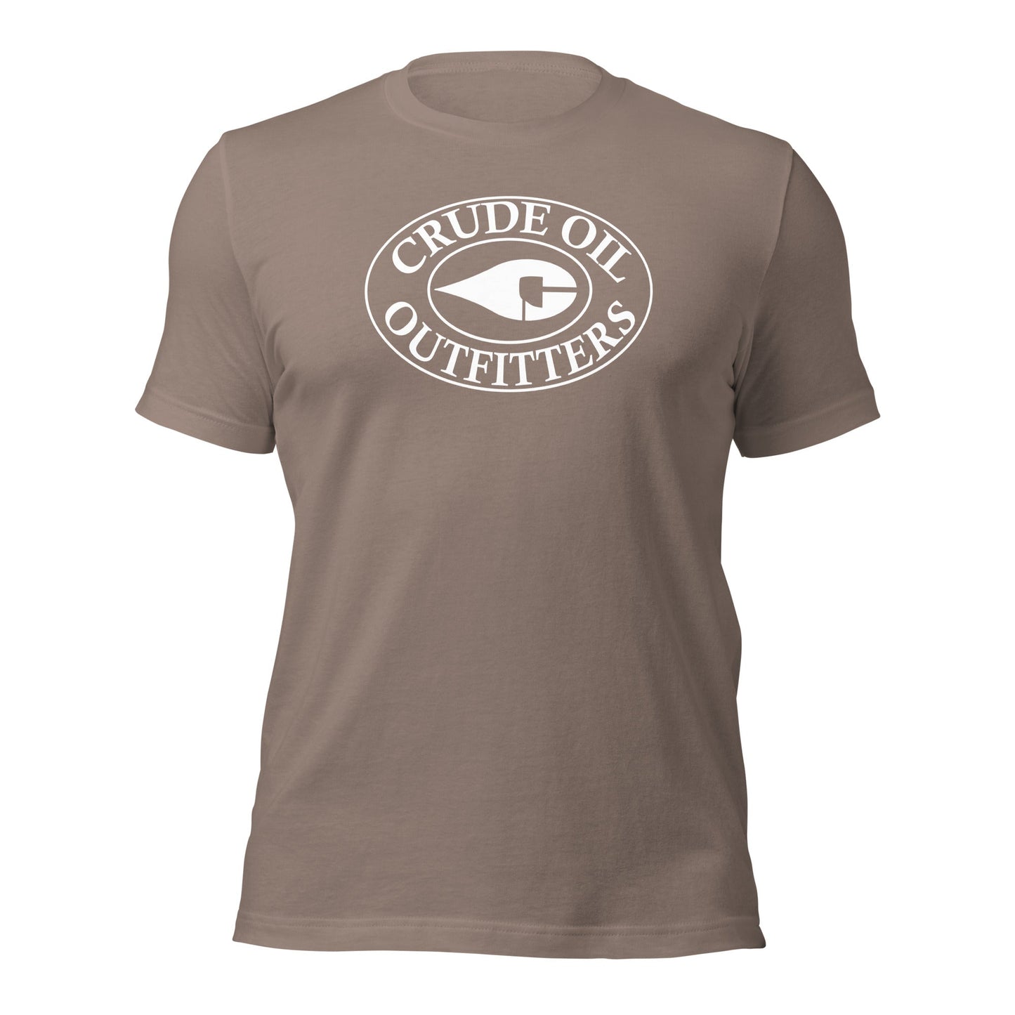 Pebble Tan Crude Oil t-shirt with "Crude Oil Outfitters" logo, lightweight cotton.