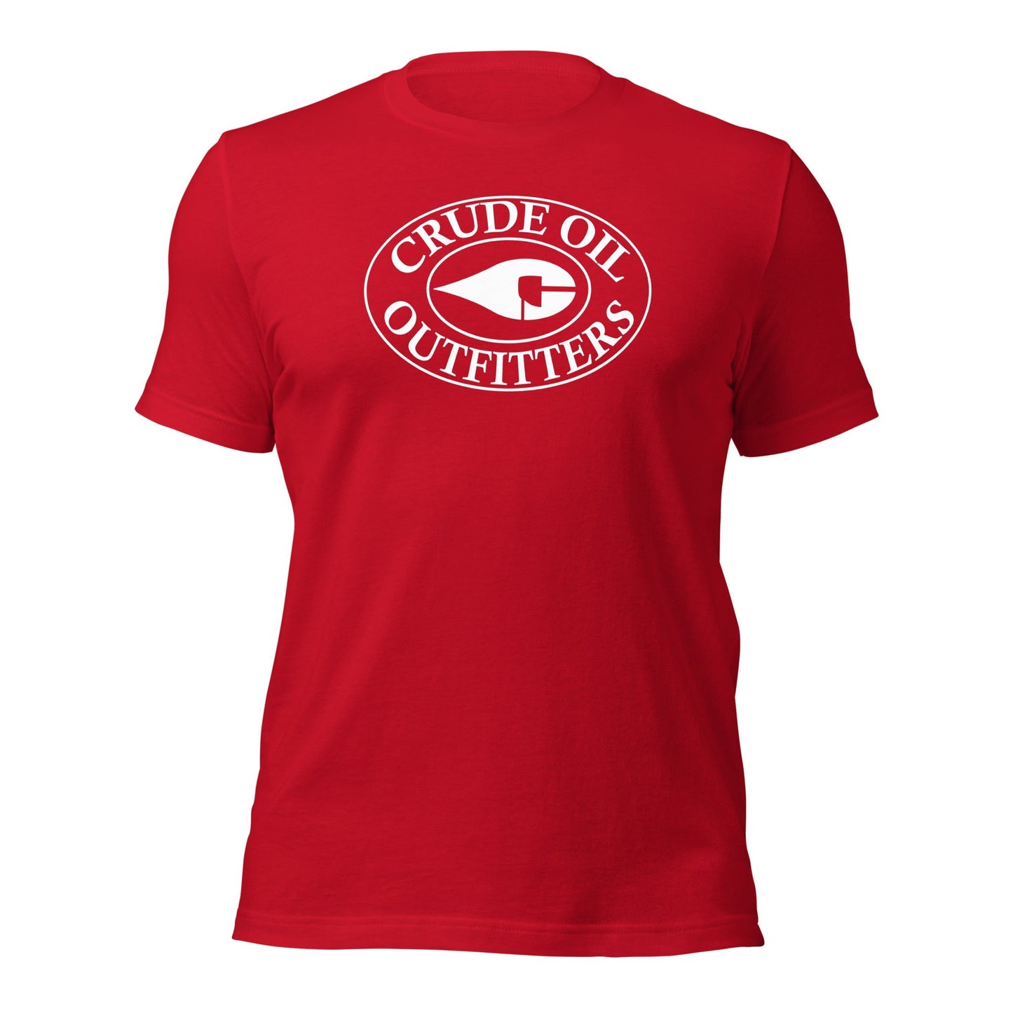 Red Crude Oil t-shirt with "Crude Oil Outfitters" logo, lightweight cotton.