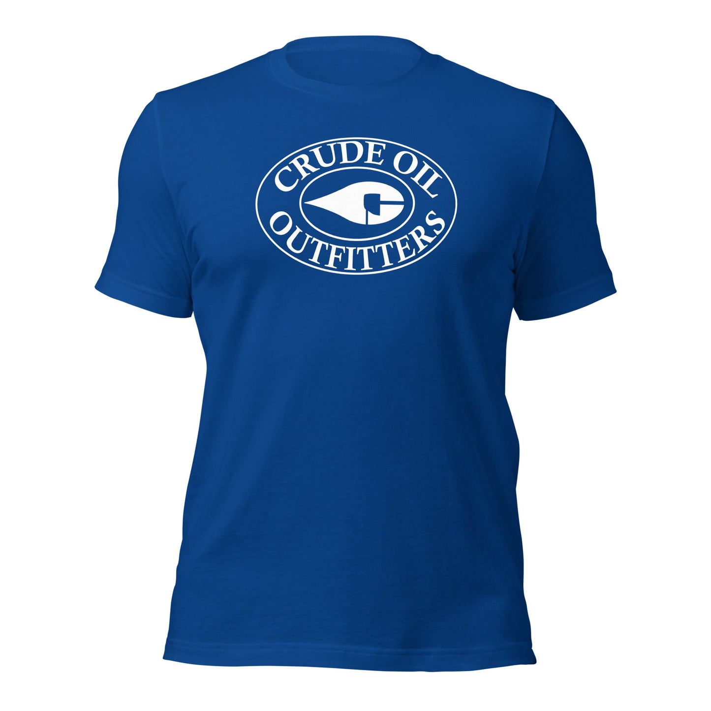 Royal Blue Crude Oil t-shirt with "Crude Oil Outfitters" logo, lightweight cotton.