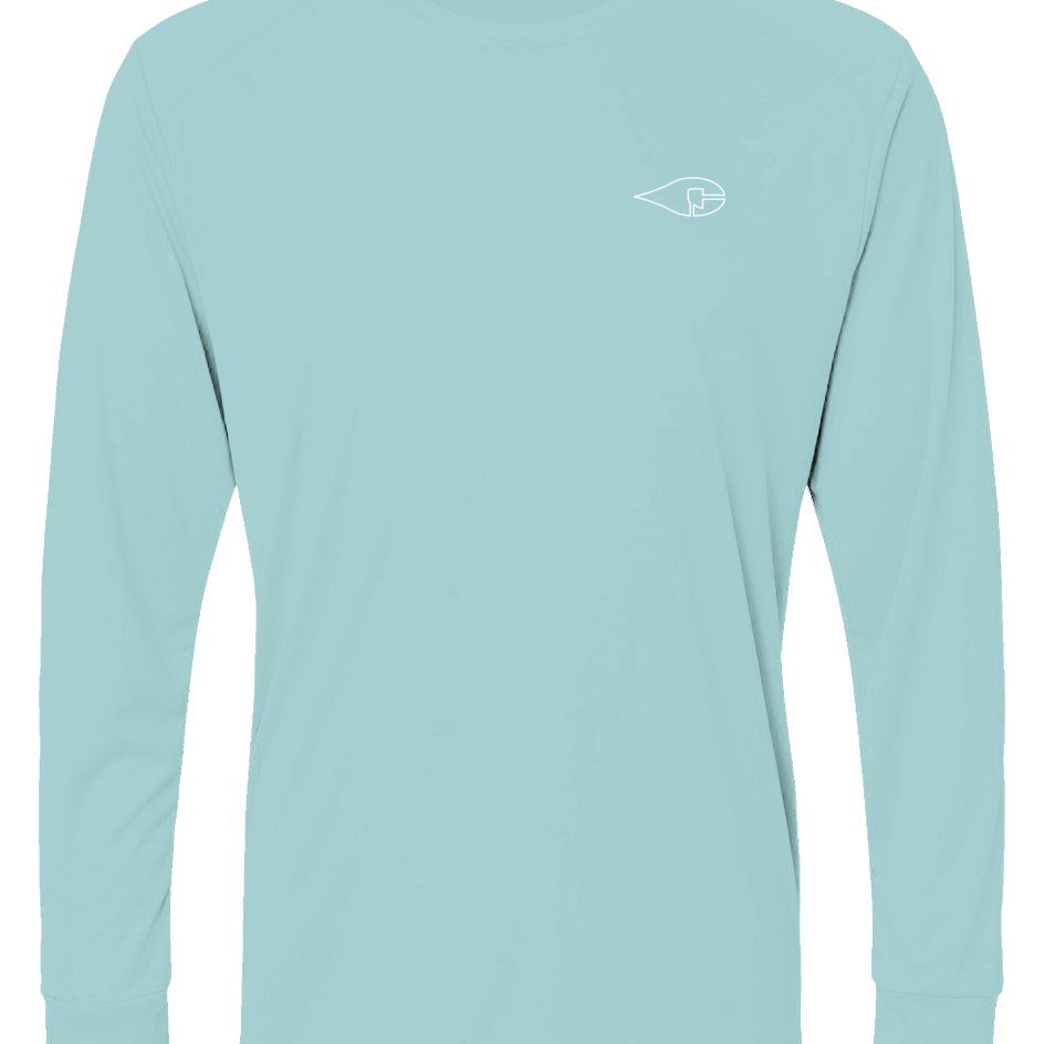 Light Blue Crude Offshore Rig Fishing Shirt with abstract oil rig design, UPF 50 protection, microfiber mesh, moisture wicking, lightweight