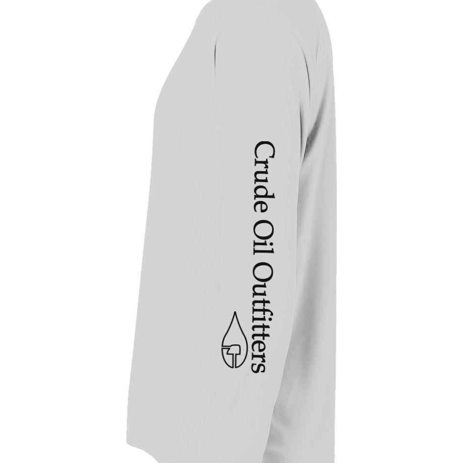 Crude Oil Outfitters Fishing Shirt with logo and "Crude Oil Outfitters" on sleeve, sun protection, moisture management.