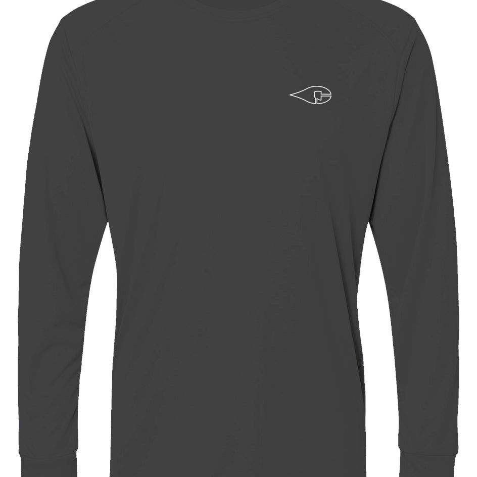 Crude Oil Outfitters Fishing Shirt with logo and "Crude Oil Outfitters" on sleeve, sun protection, moisture management.