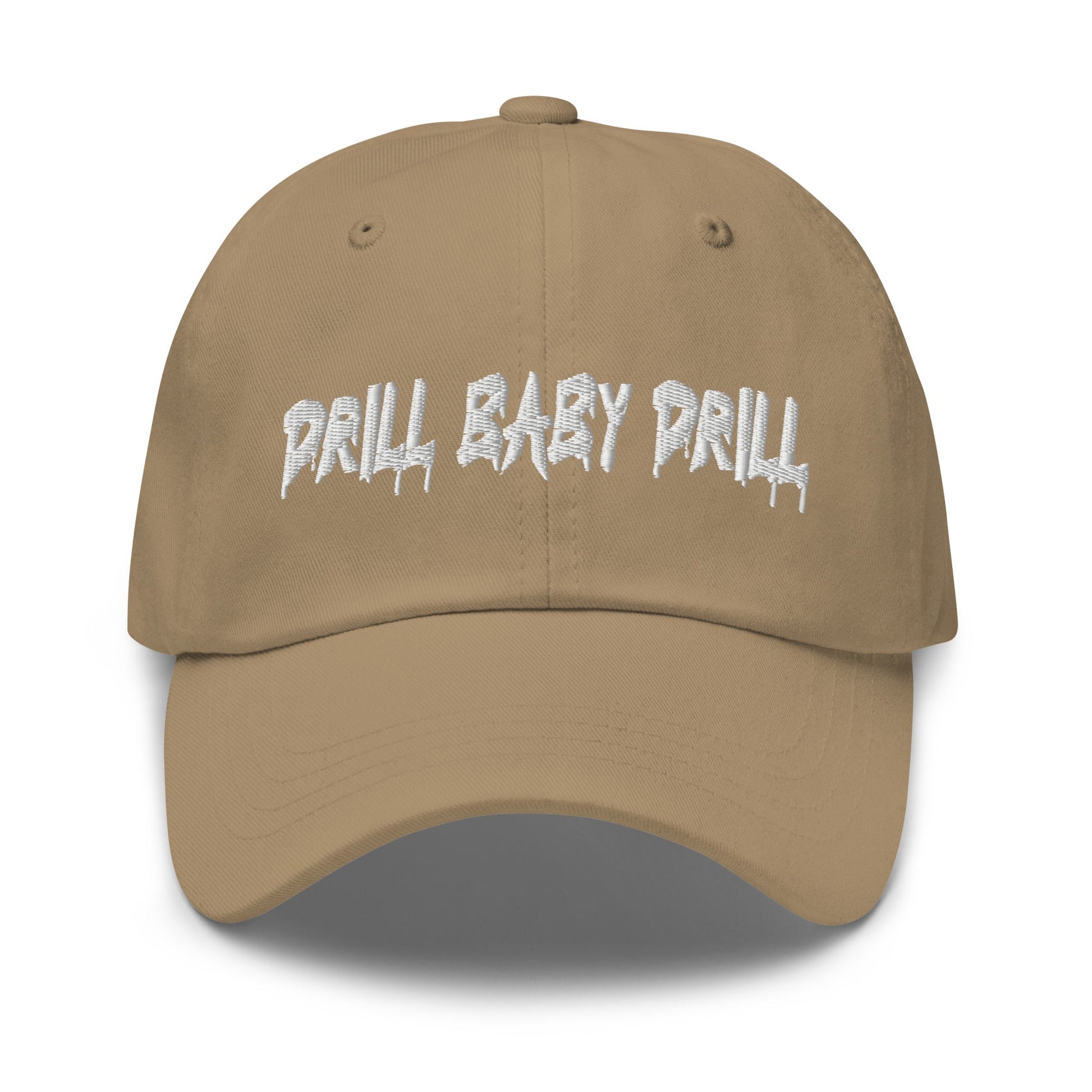 Tan "Drill Baby Drill" dad hat with adjustable strap and curved visor.