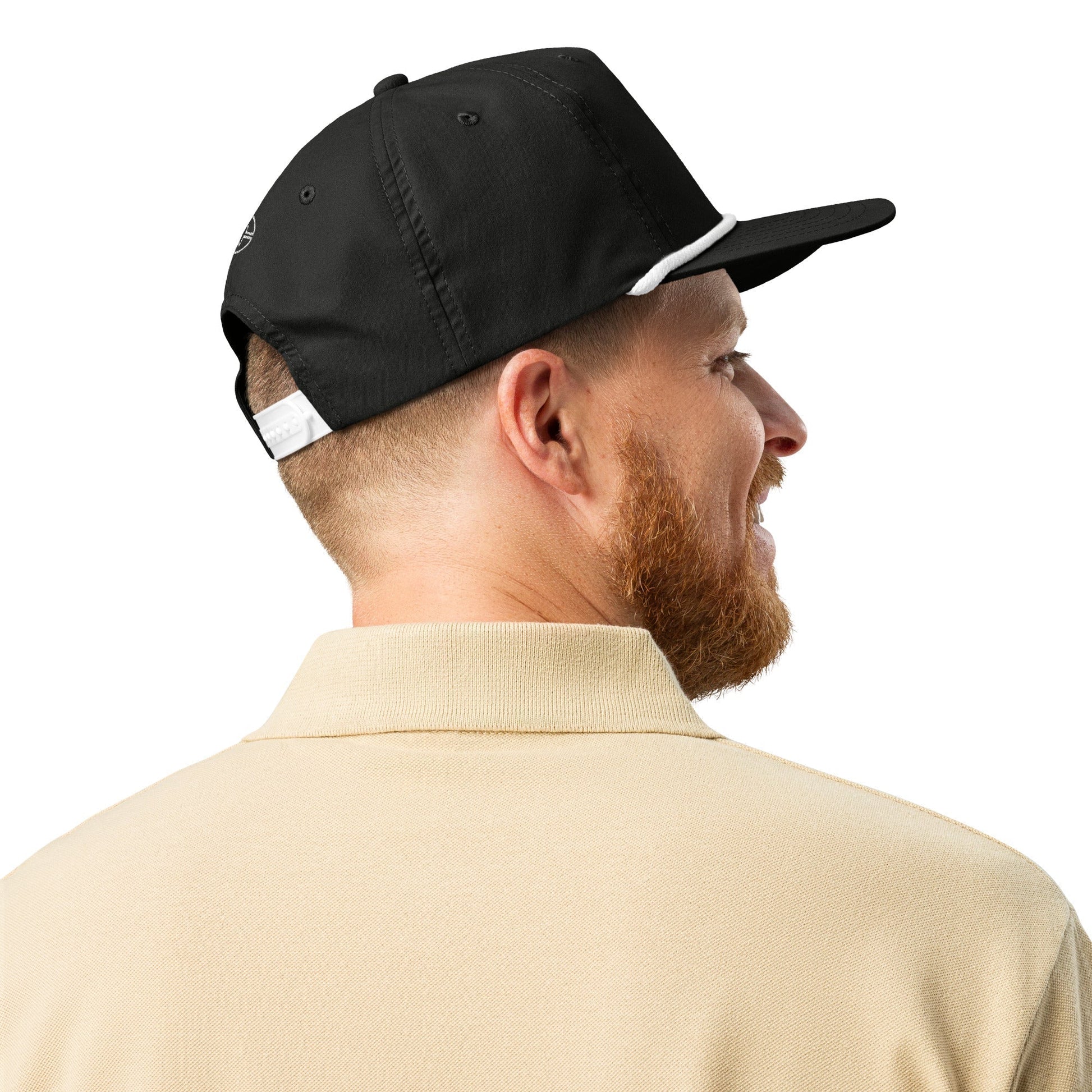Black & White 5-panel Course Correction Rope Golf Hat with semi-curved bill and snapback closure; crude oil golf hat worn by smiling man