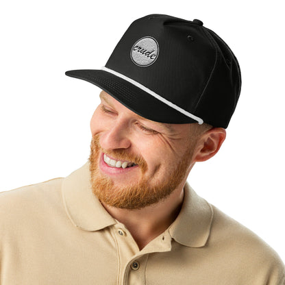 Black & White 5-panel Course Correction Rope Golf Hat with semi-curved bill and snapback closure; crude oil golf hat worn by smiling man